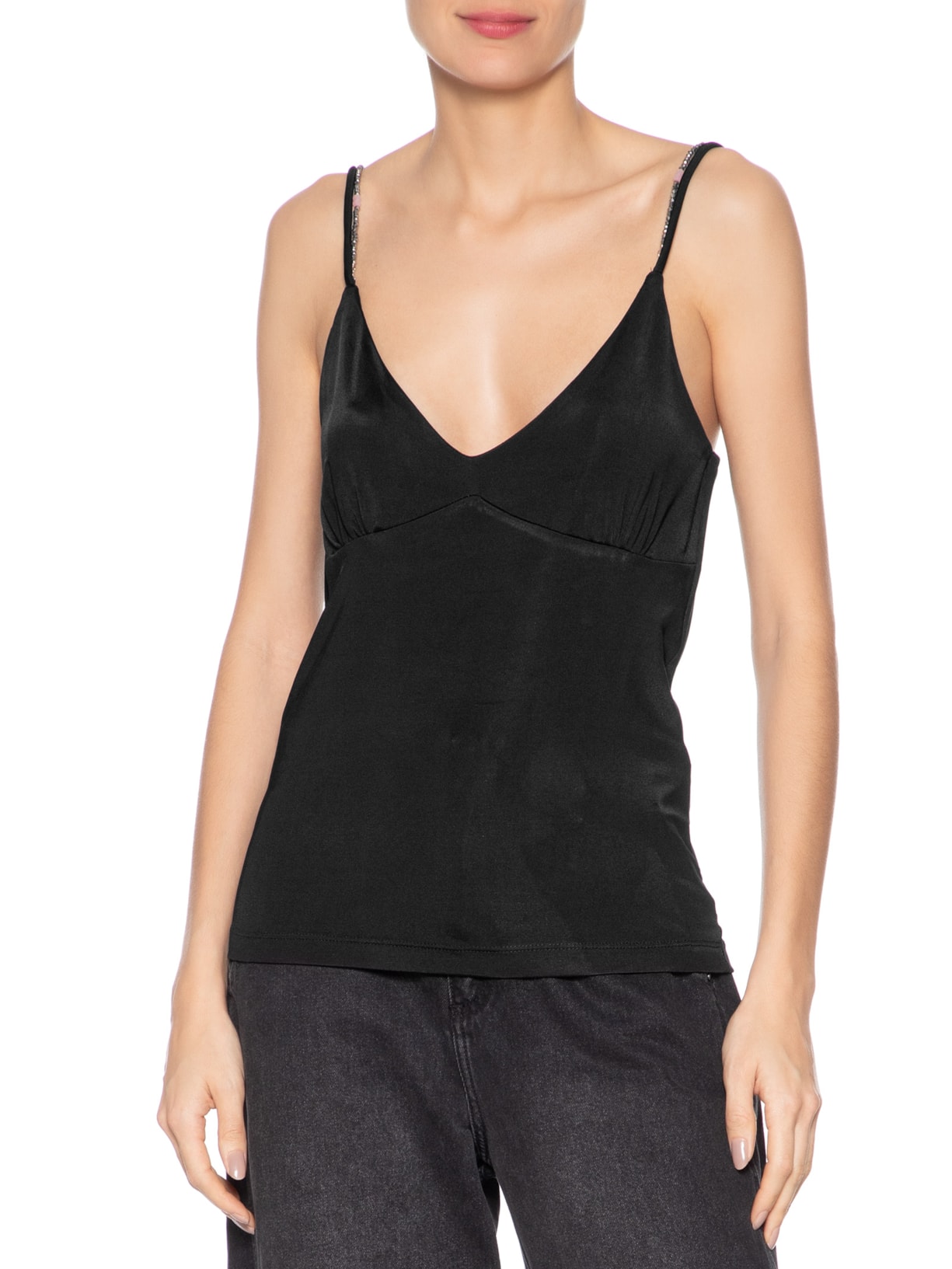 Regata Feminina Malha Detalhe Alça Miçanga Preto Animale Jeans