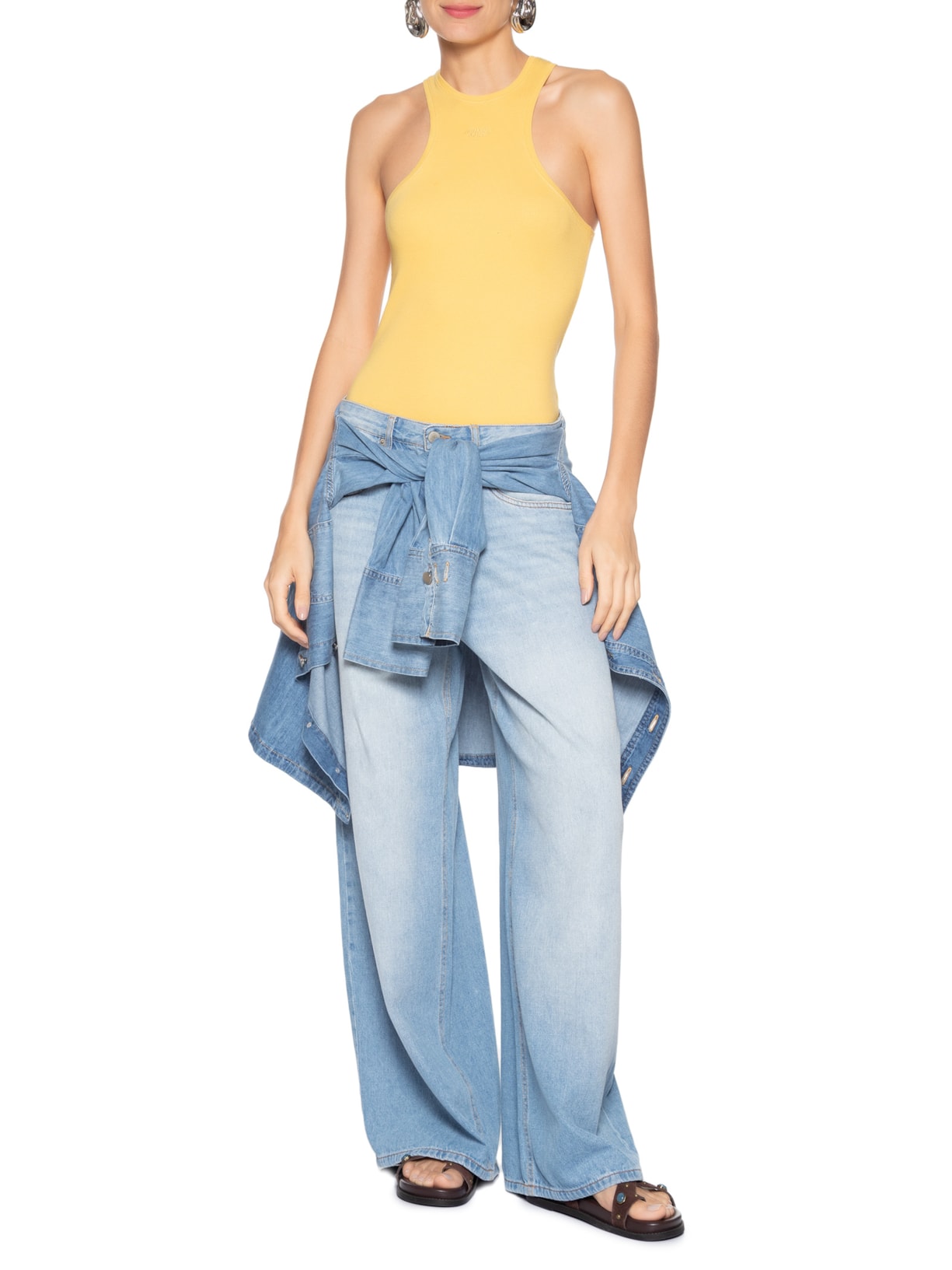 Regata Feminina Malha Halter Amarelo Animale Jeans