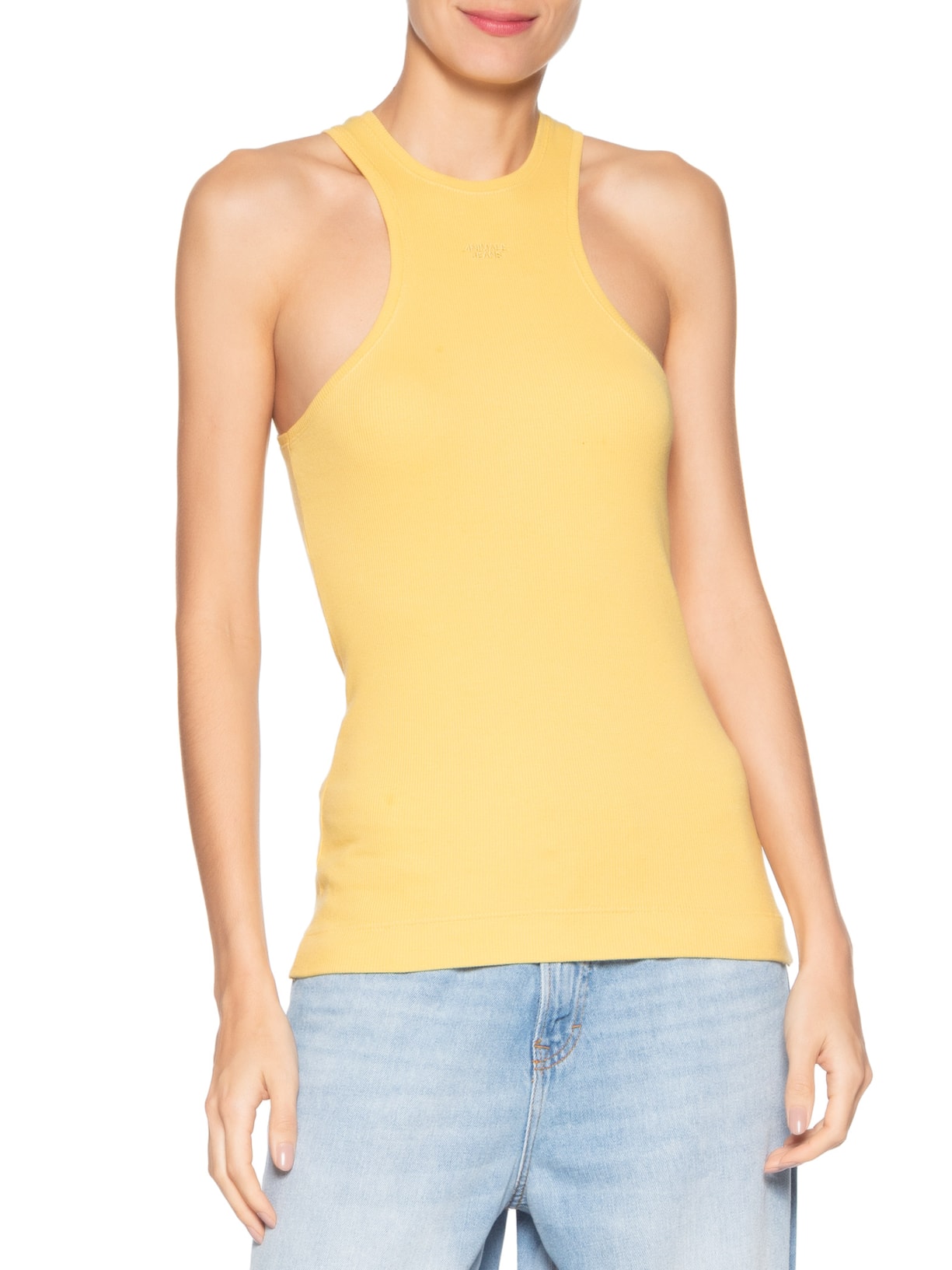 Regata Feminina Malha Halter Amarelo Animale Jeans