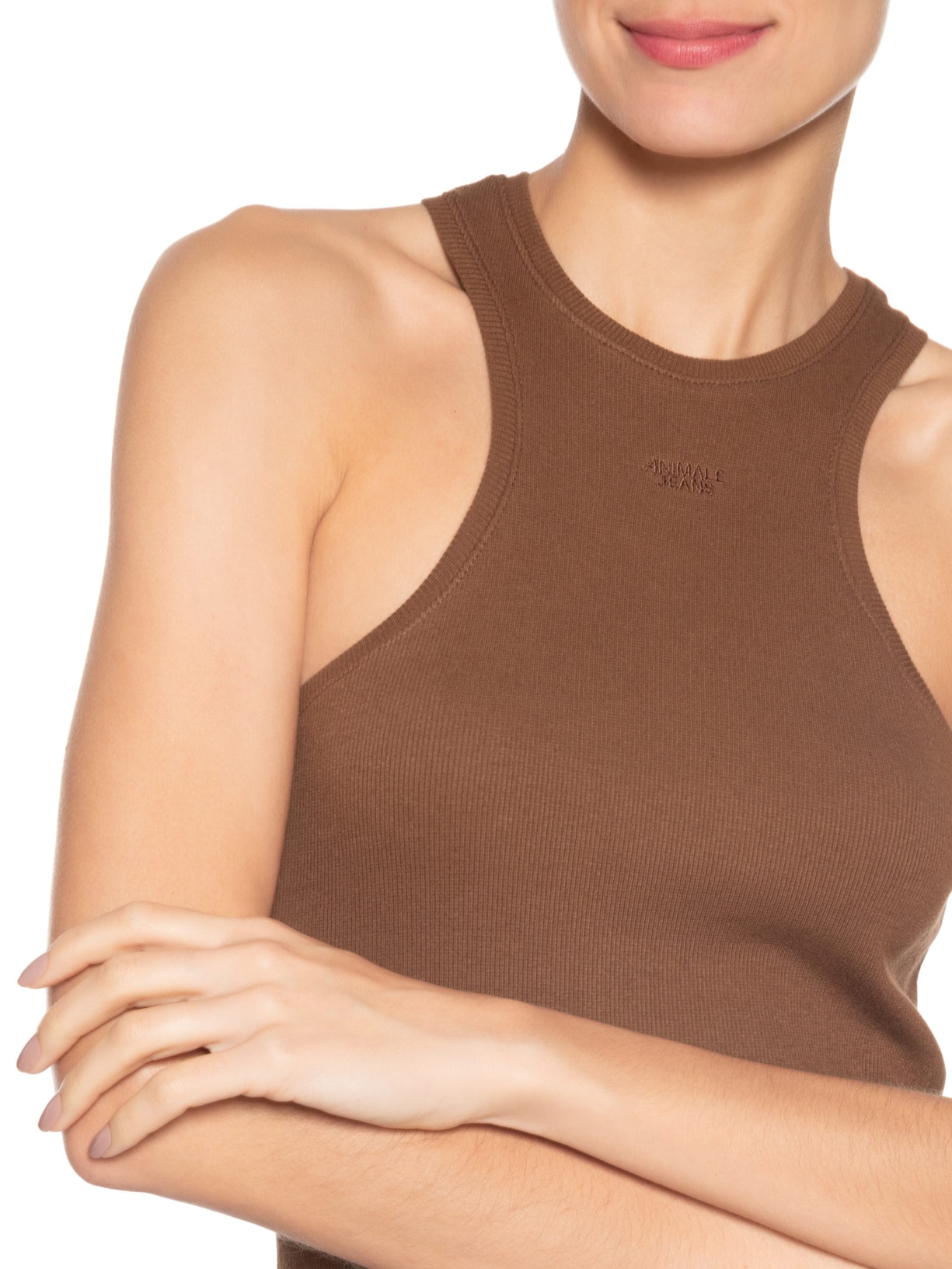 Regata Feminina Malha Halter Marrom Animale Jeans