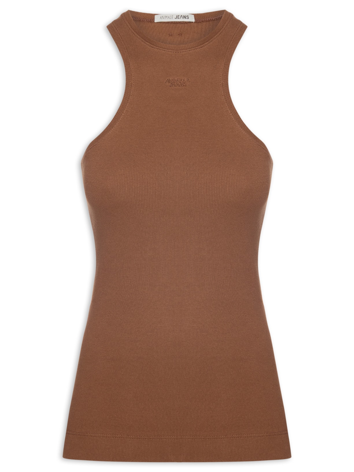 Regata Feminina Malha Halter Marrom Animale Jeans