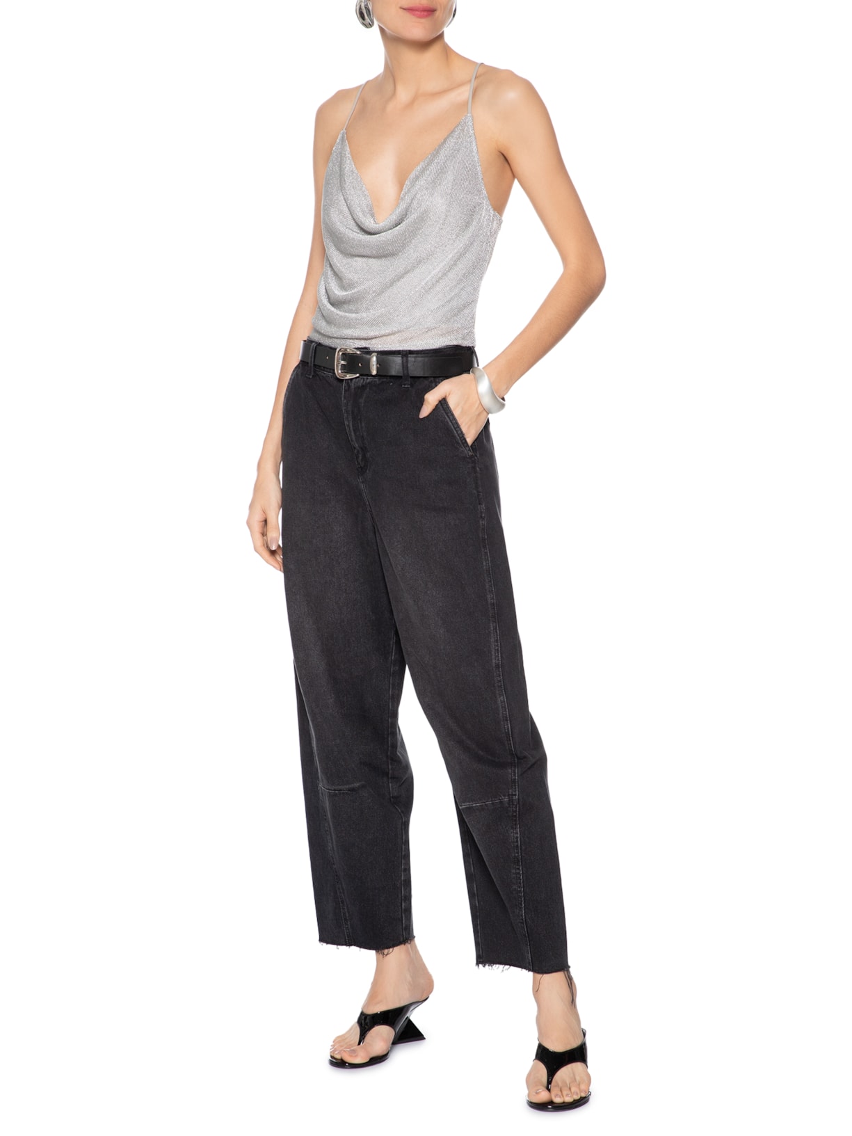 Regata Feminina Malha Metalizada Decote Degagê Prateado Animale Jeans