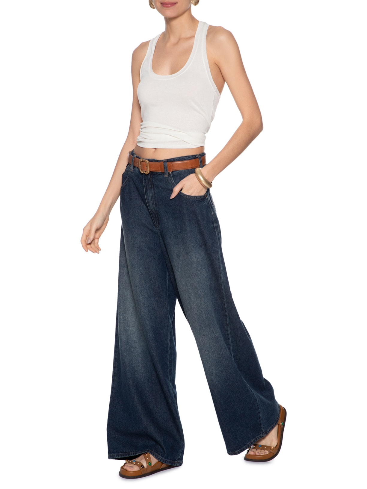 Regata Feminina Malha Tricot Nadador Branco Animale Jeans