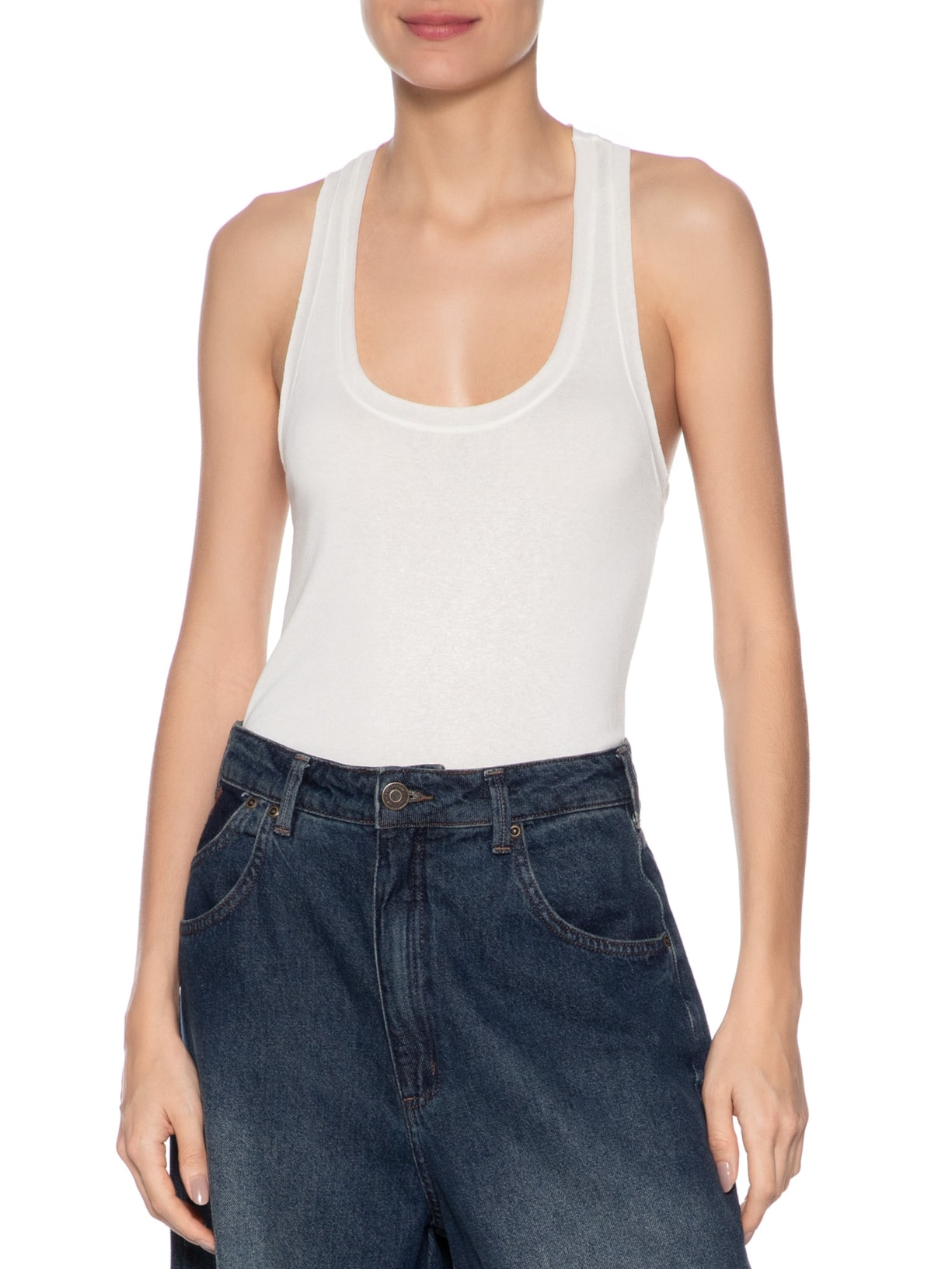 Regata Feminina Malha Tricot Nadador Branco Animale Jeans