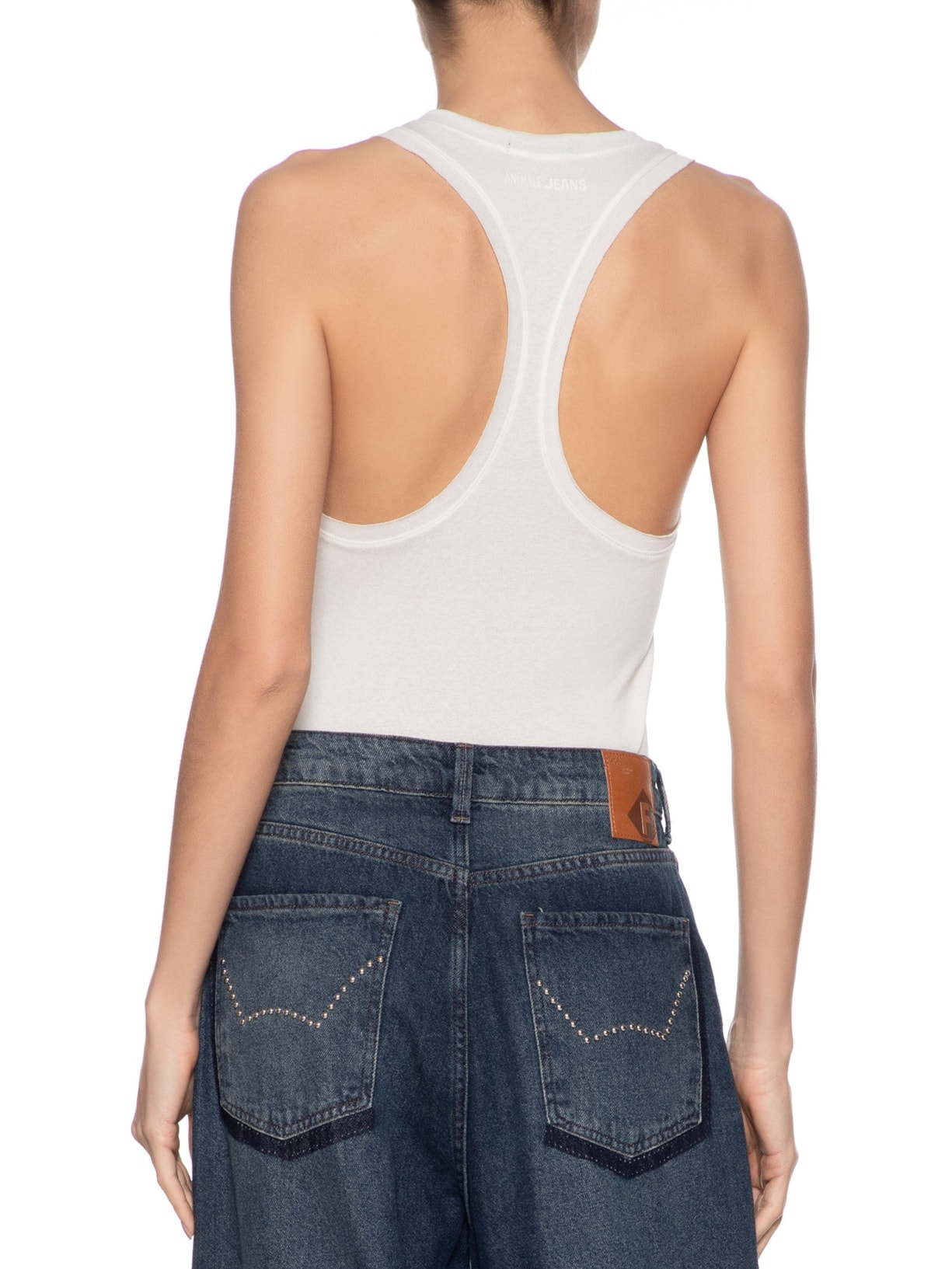 Regata Feminina Malha Tricot Nadador Branco Animale Jeans