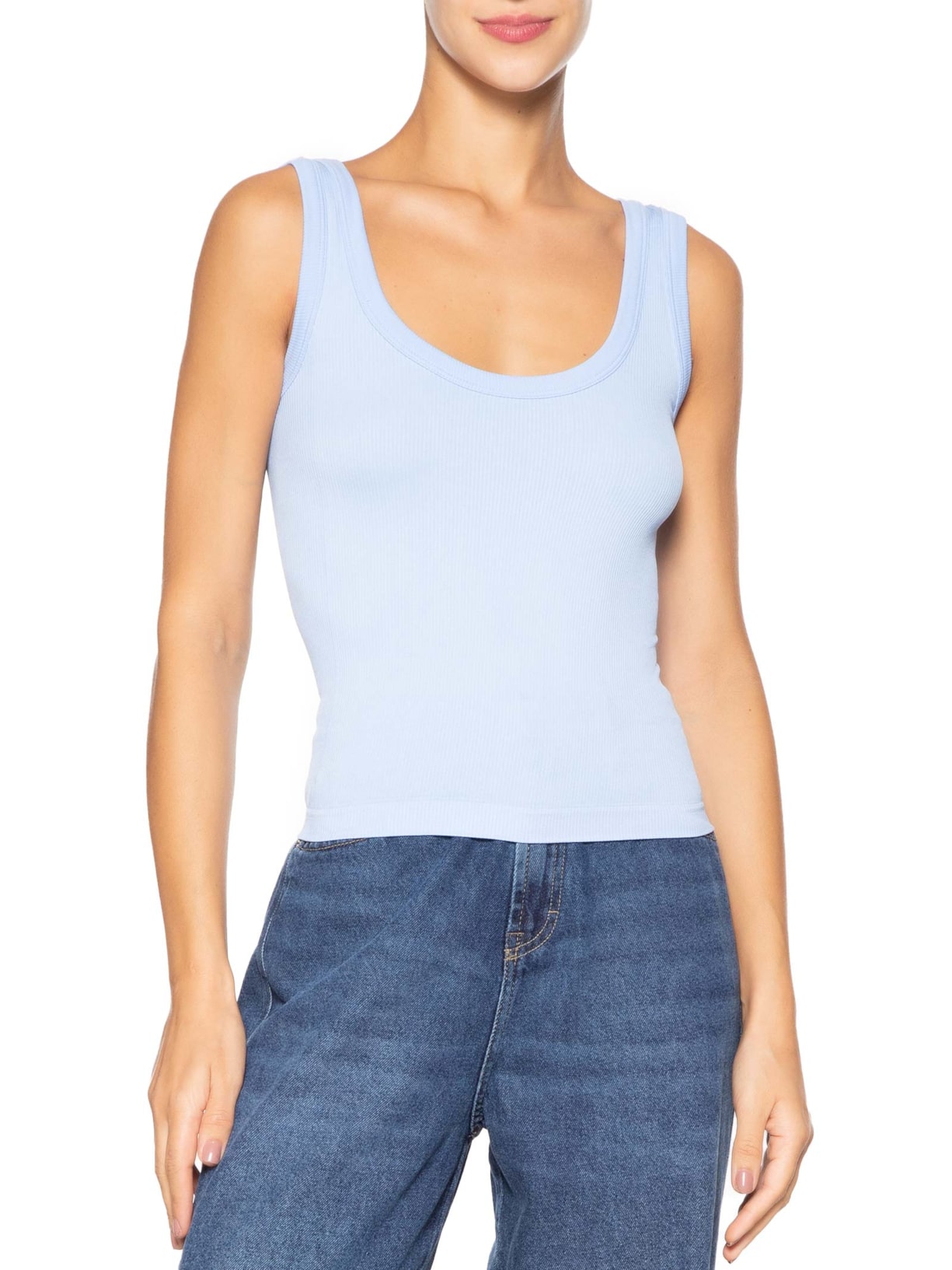 Regata Feminina Poliamida Canelada Decote em U Azul Basiq