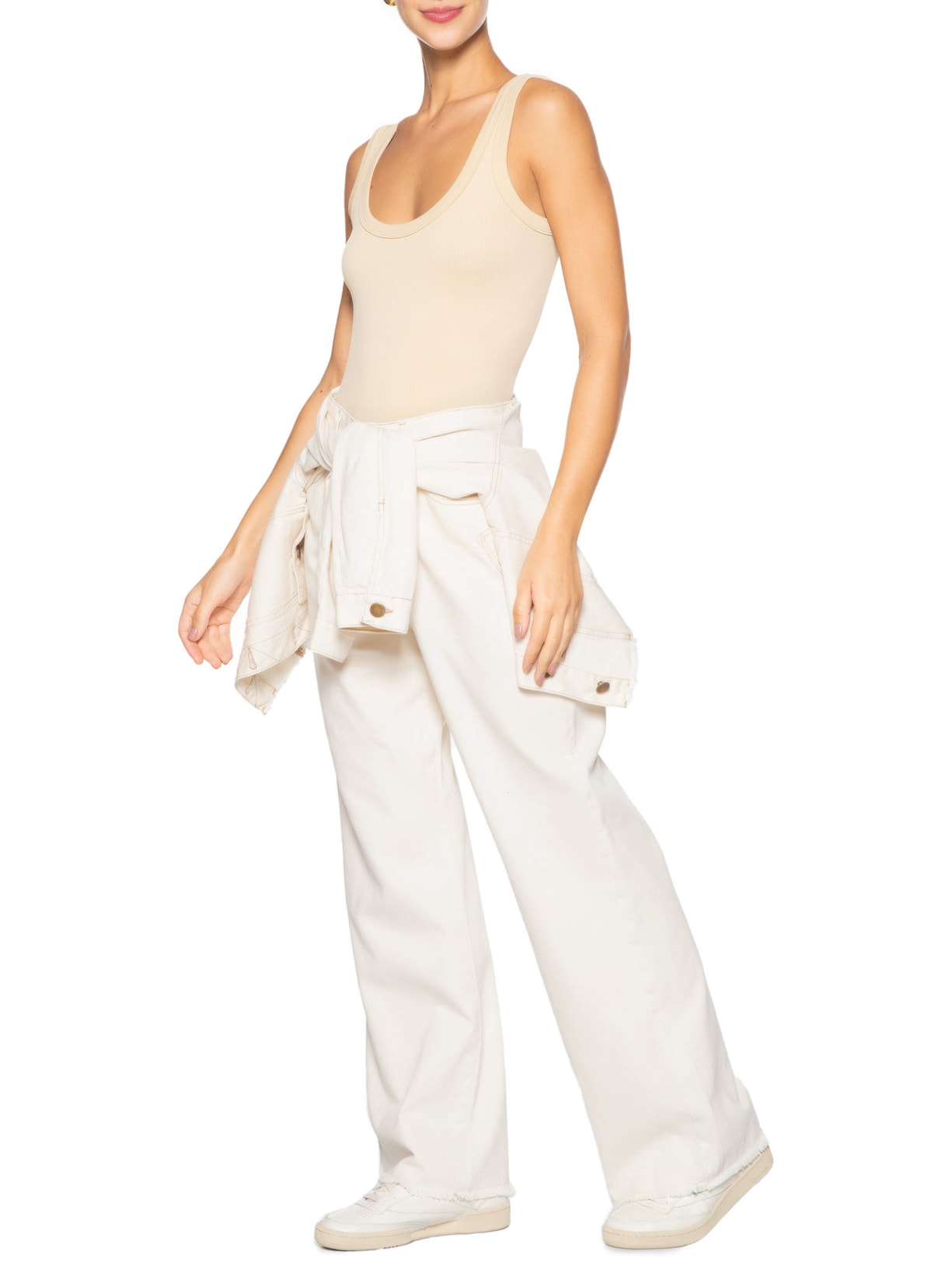 Regata Feminina Poliamida Canelada Decote em U Bege Basiq