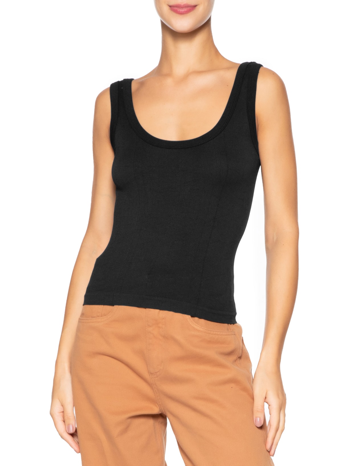 Regata Feminina Poliamida Canelada Decote em U Preto Basiq