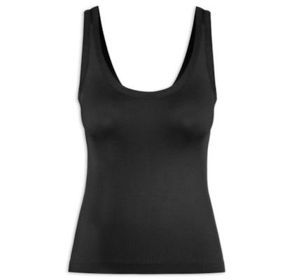 Regata Feminina Poliamida Canelada Decote em U - Preto