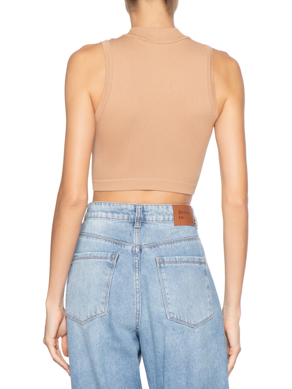 Regata Feminina Poliamida Canelada Gola Bege Basiq