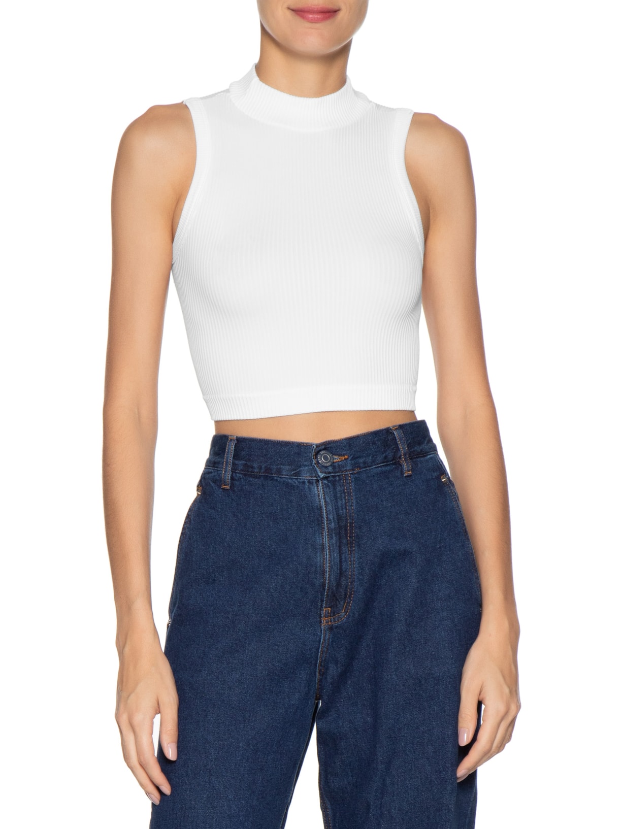 Regata Feminina Poliamida Canelada Gola Branco Basiq