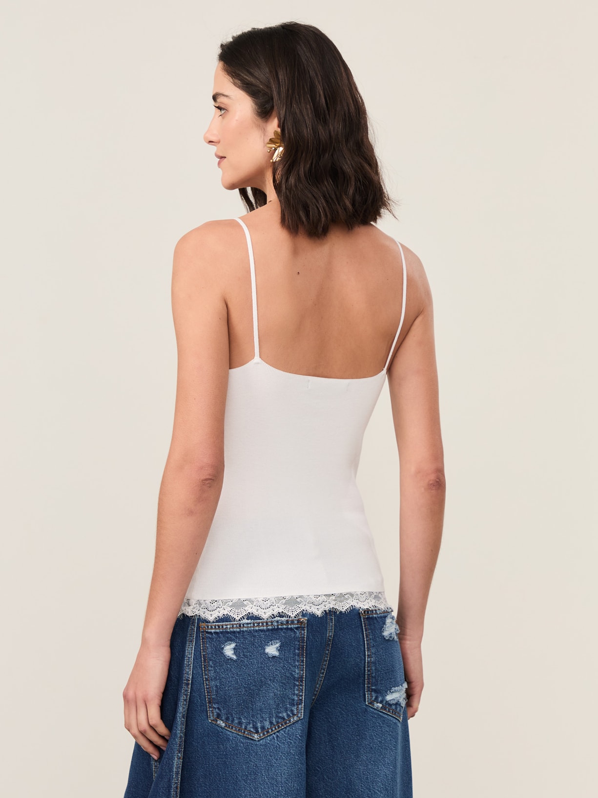 Regata Feminina Renda Meia Malha De Tricot Branco Animale