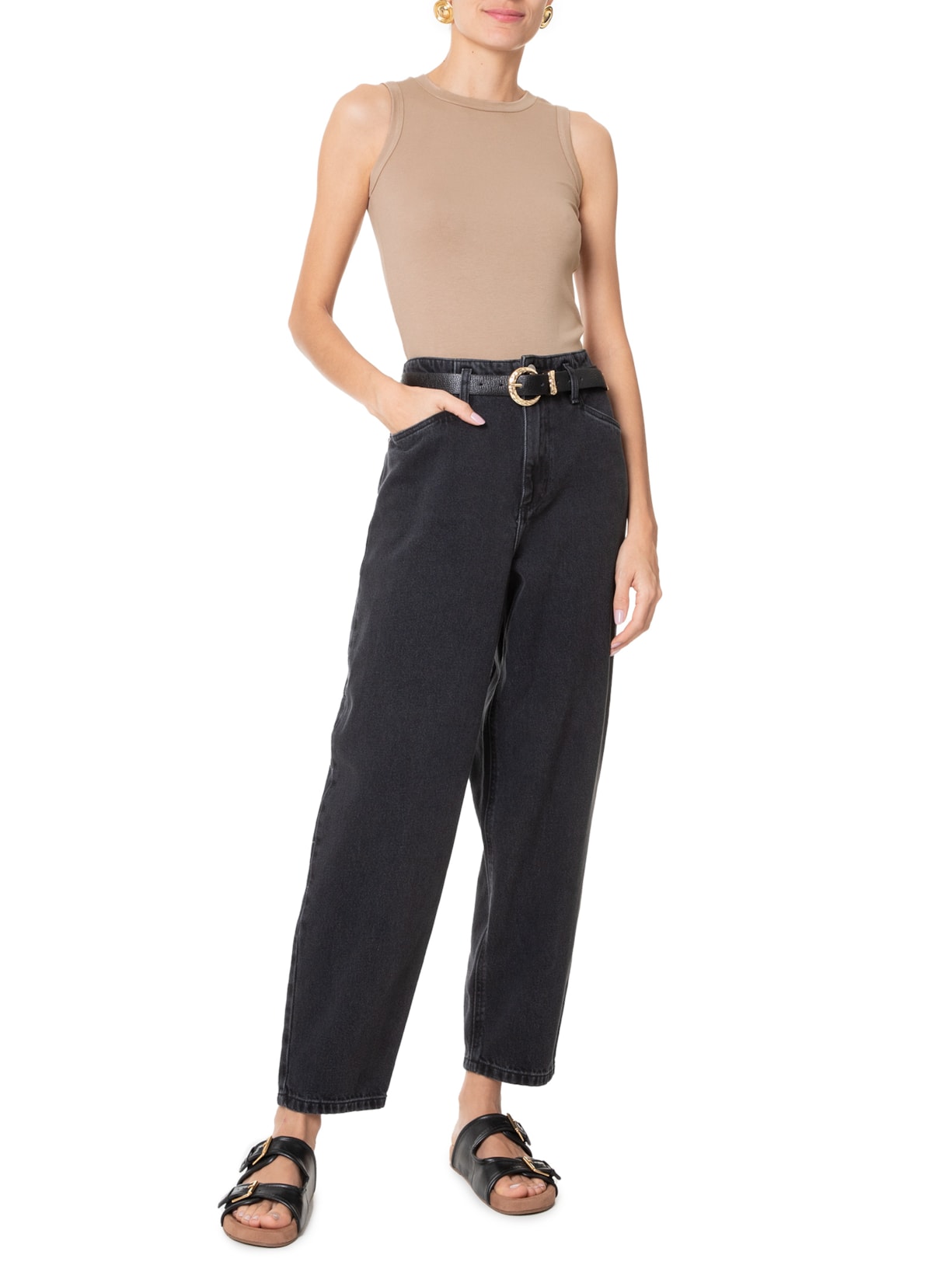 Regata Feminina Sem Manga Cavada Canelada Bege  Basiq