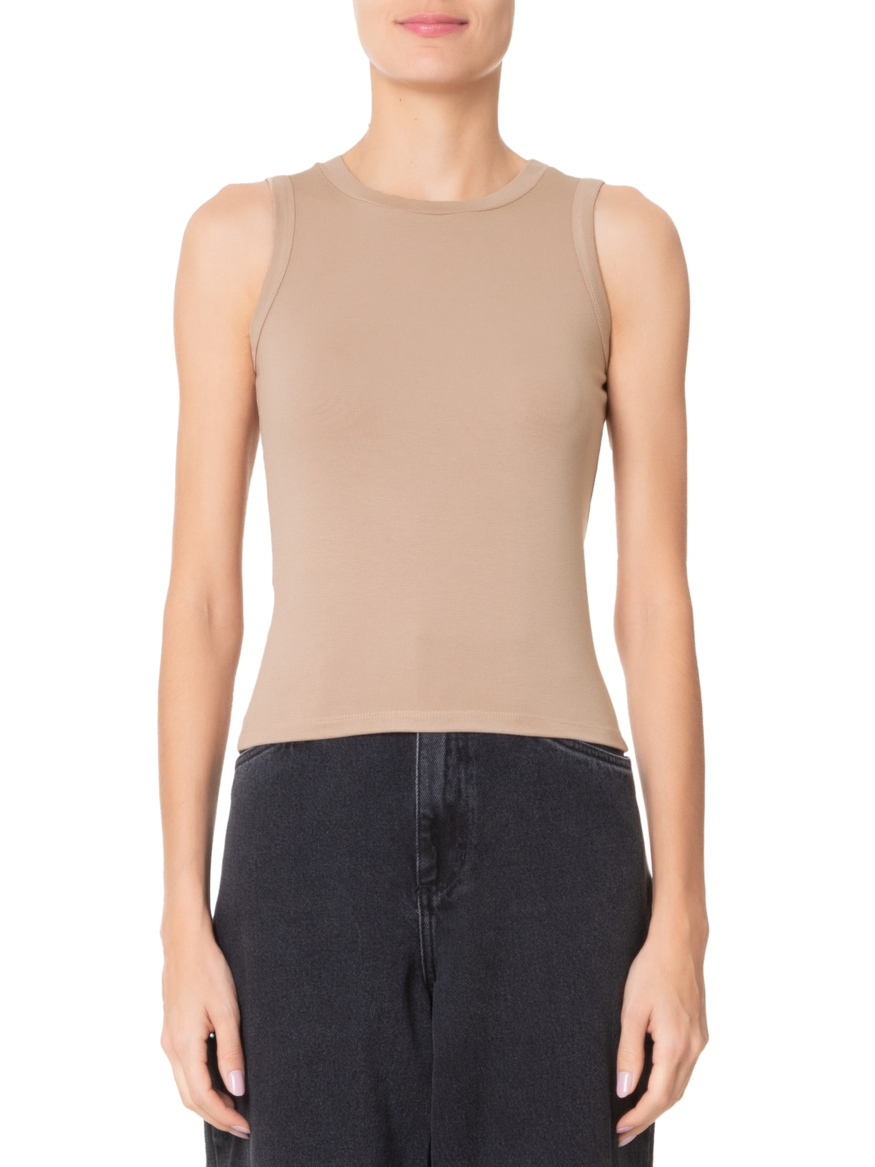 Regata Feminina Sem Manga Cavada Canelada Bege  Basiq