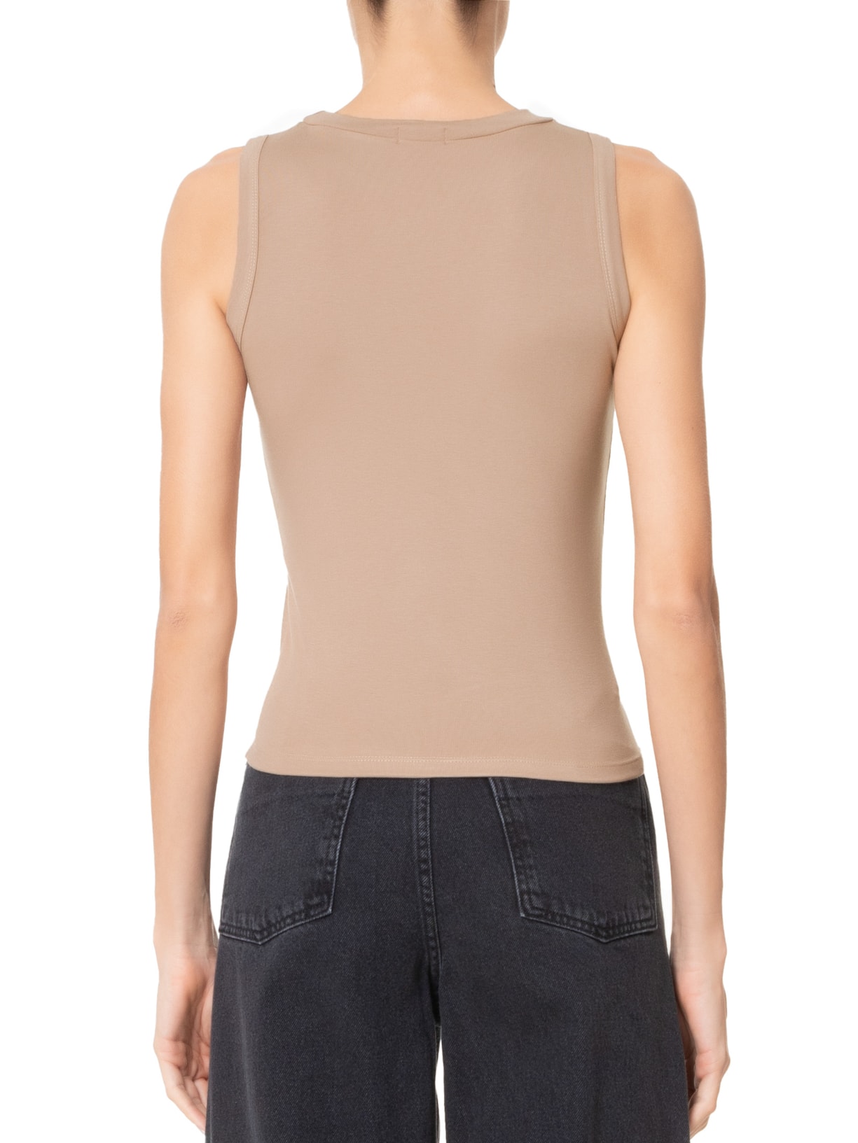 Regata Feminina Sem Manga Cavada Canelada Bege  Basiq