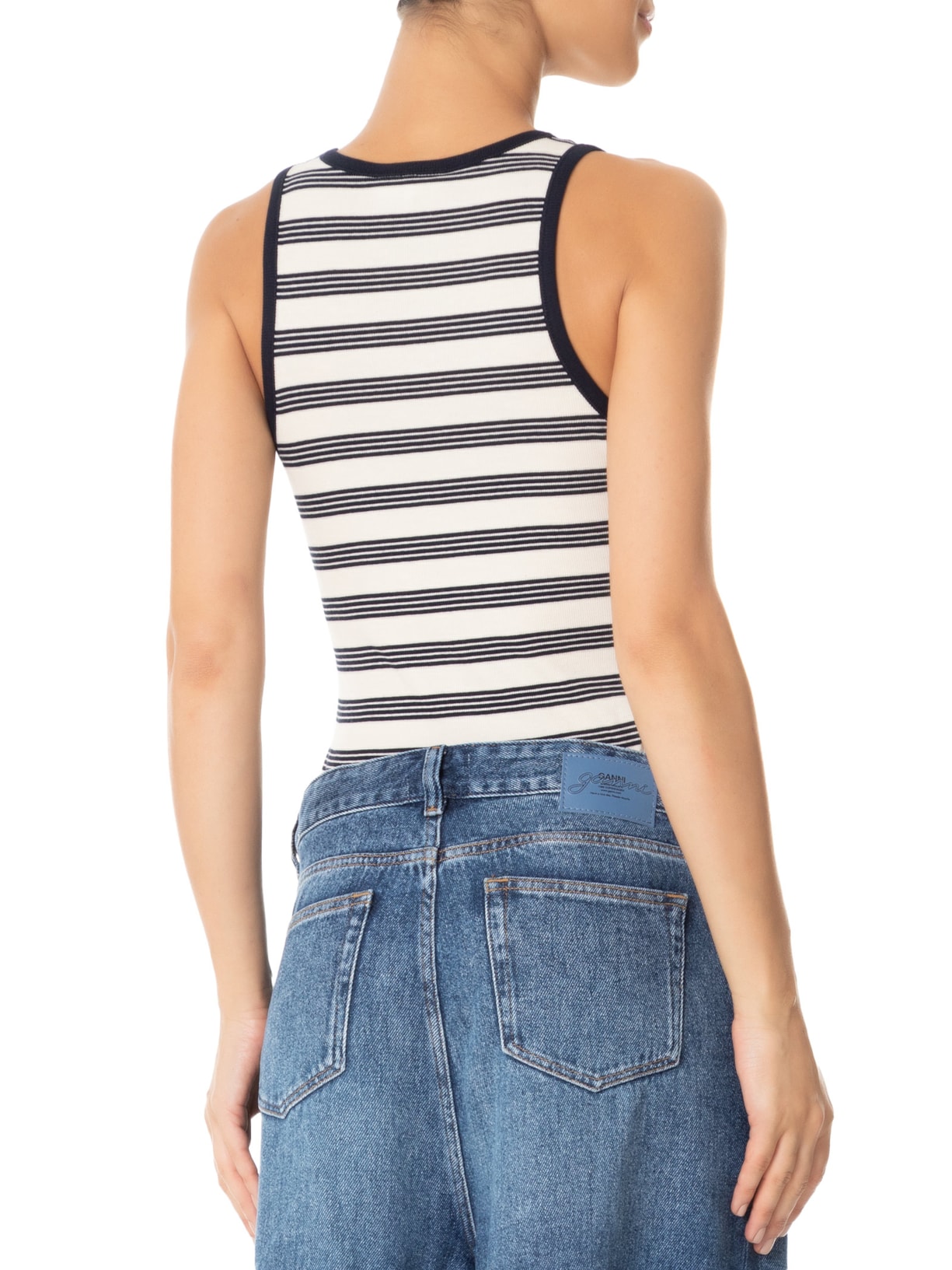 Regata Feminina Striped Soft Cotton Rib Tank Top Azul Ganni