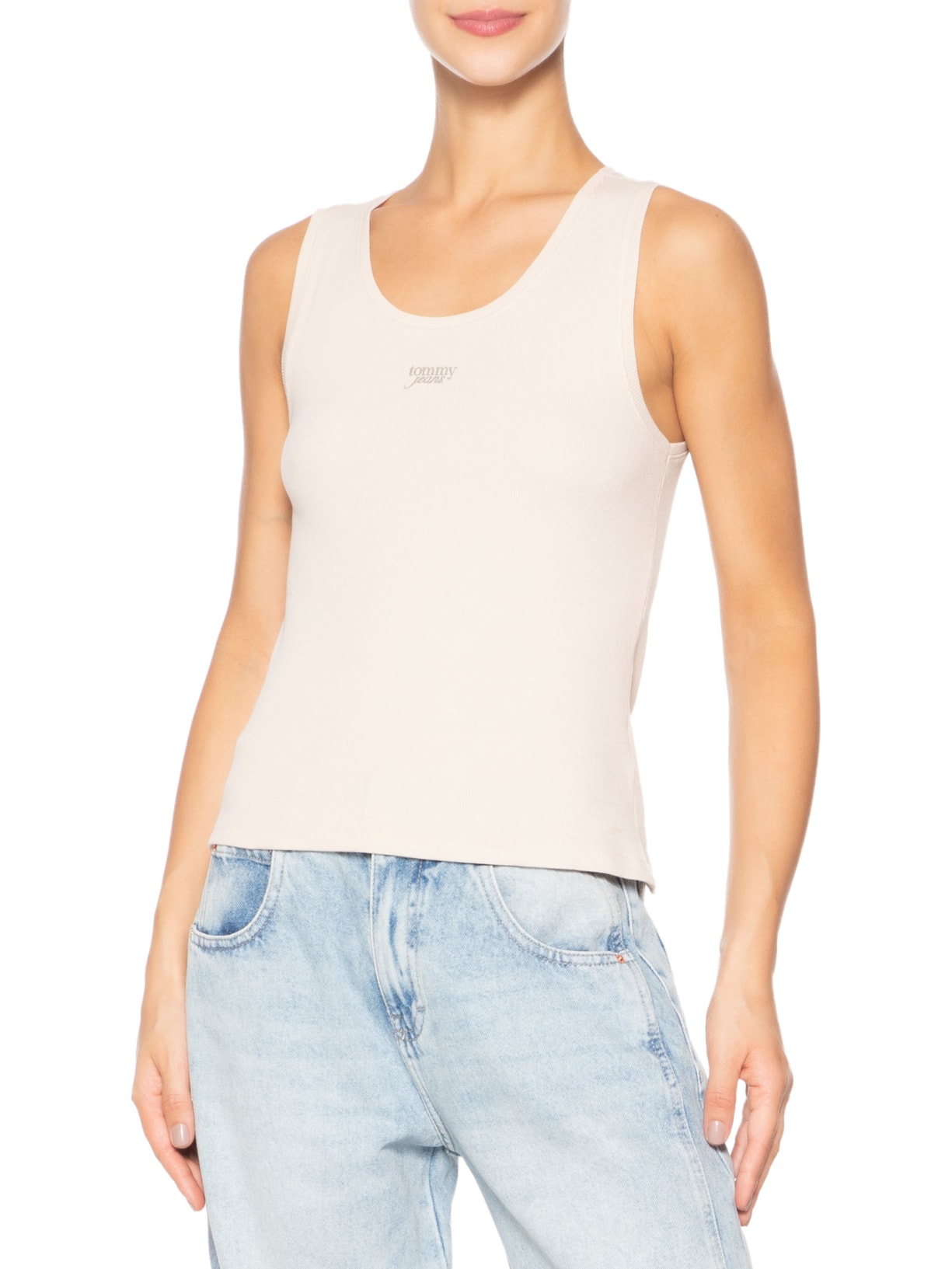 Regata Feminina Tjw Slim Script Rib Tank Top Bege Tommy Jeans