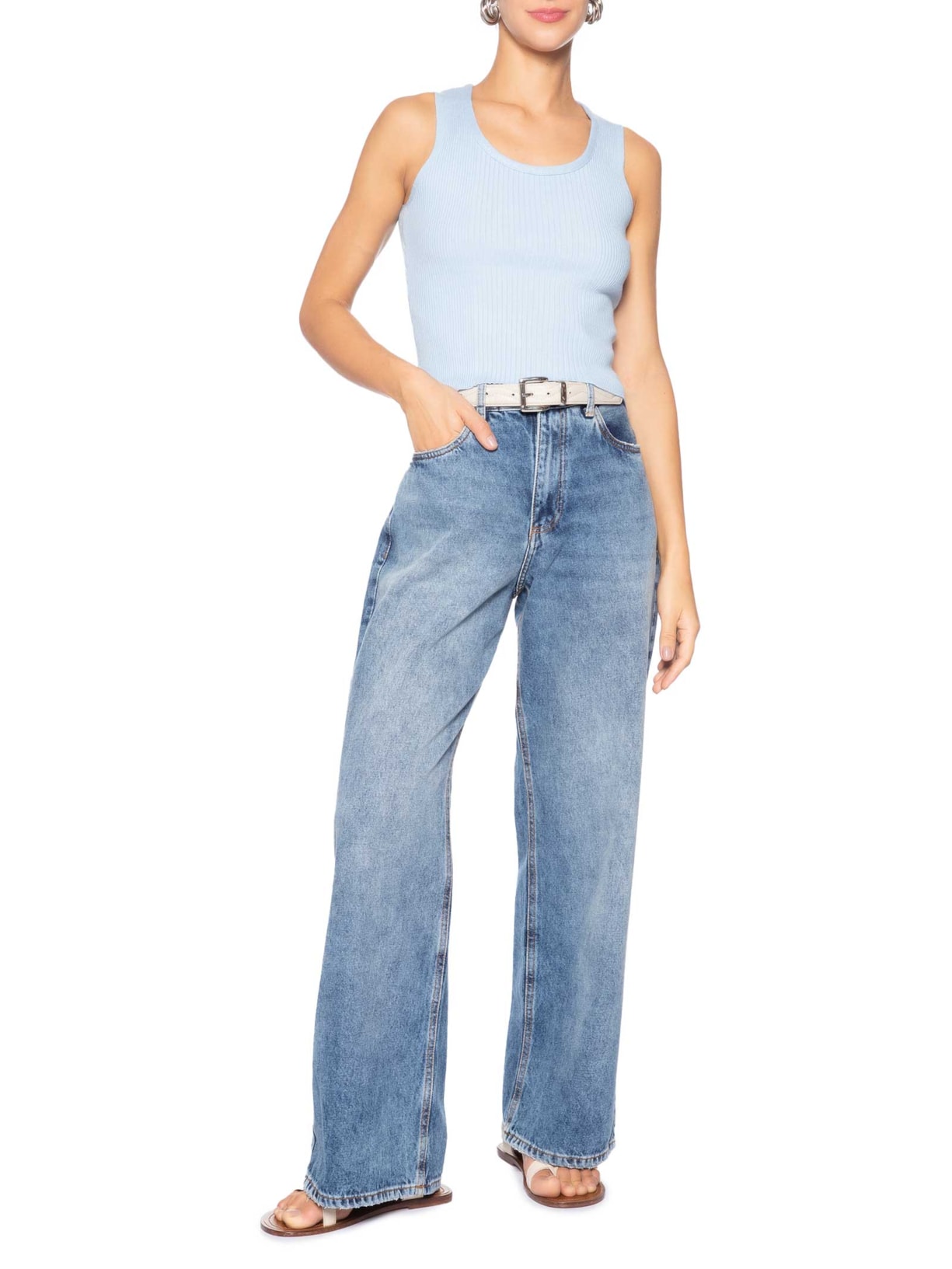 Regata Feminina Tricot Básica Azul Basiq