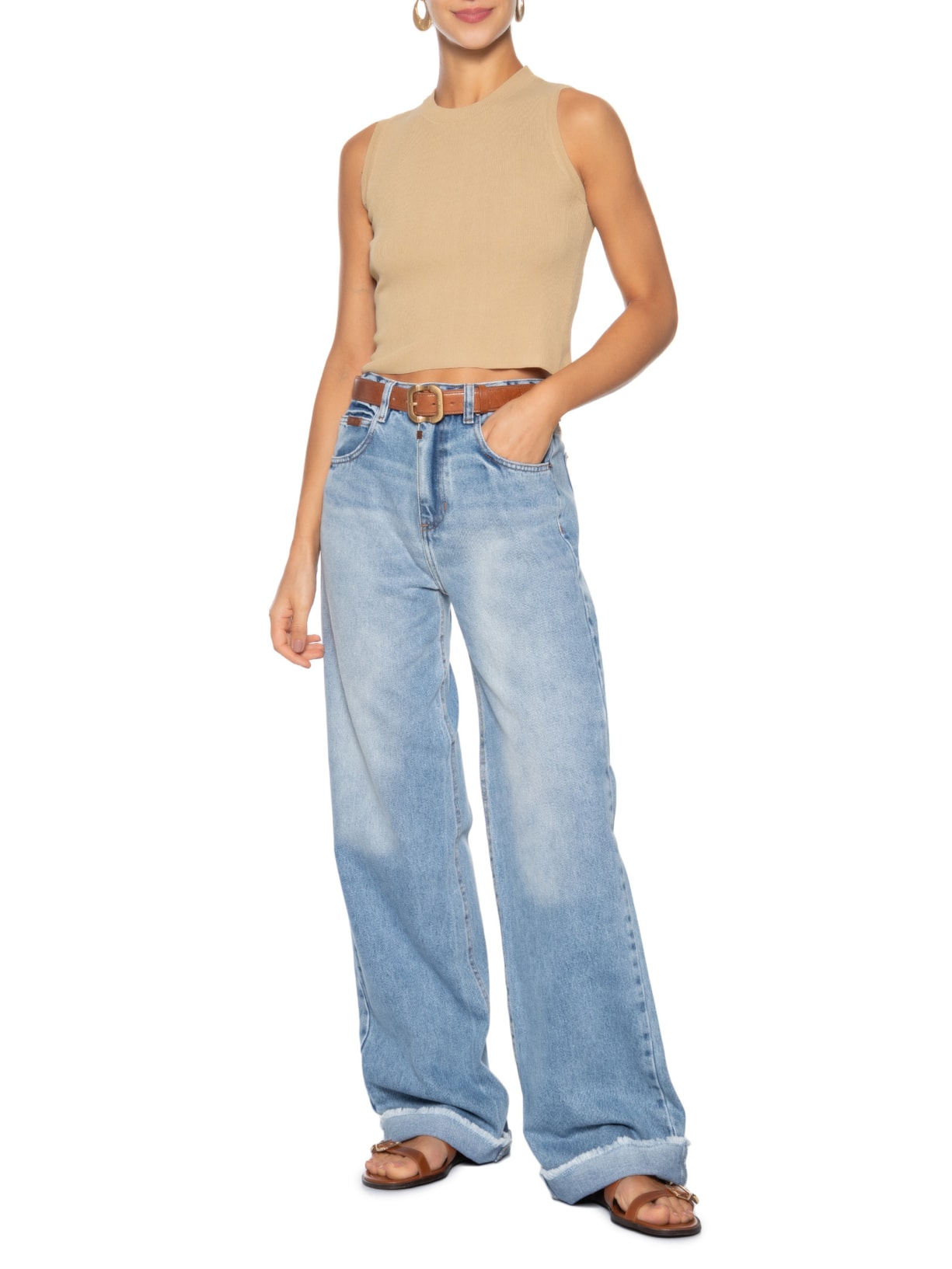 Regata Feminina Tricot Básica Bege Basiq