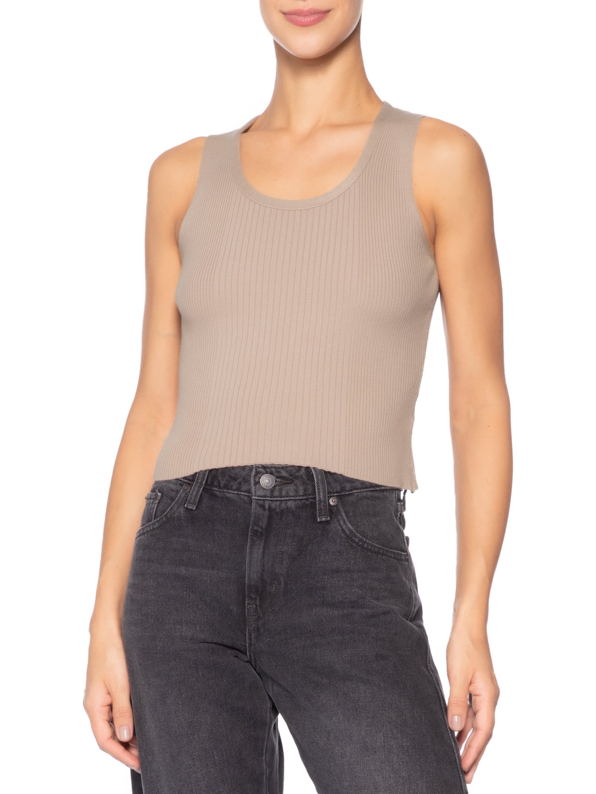 Regata Feminina Tricot Básica Bege Basiq