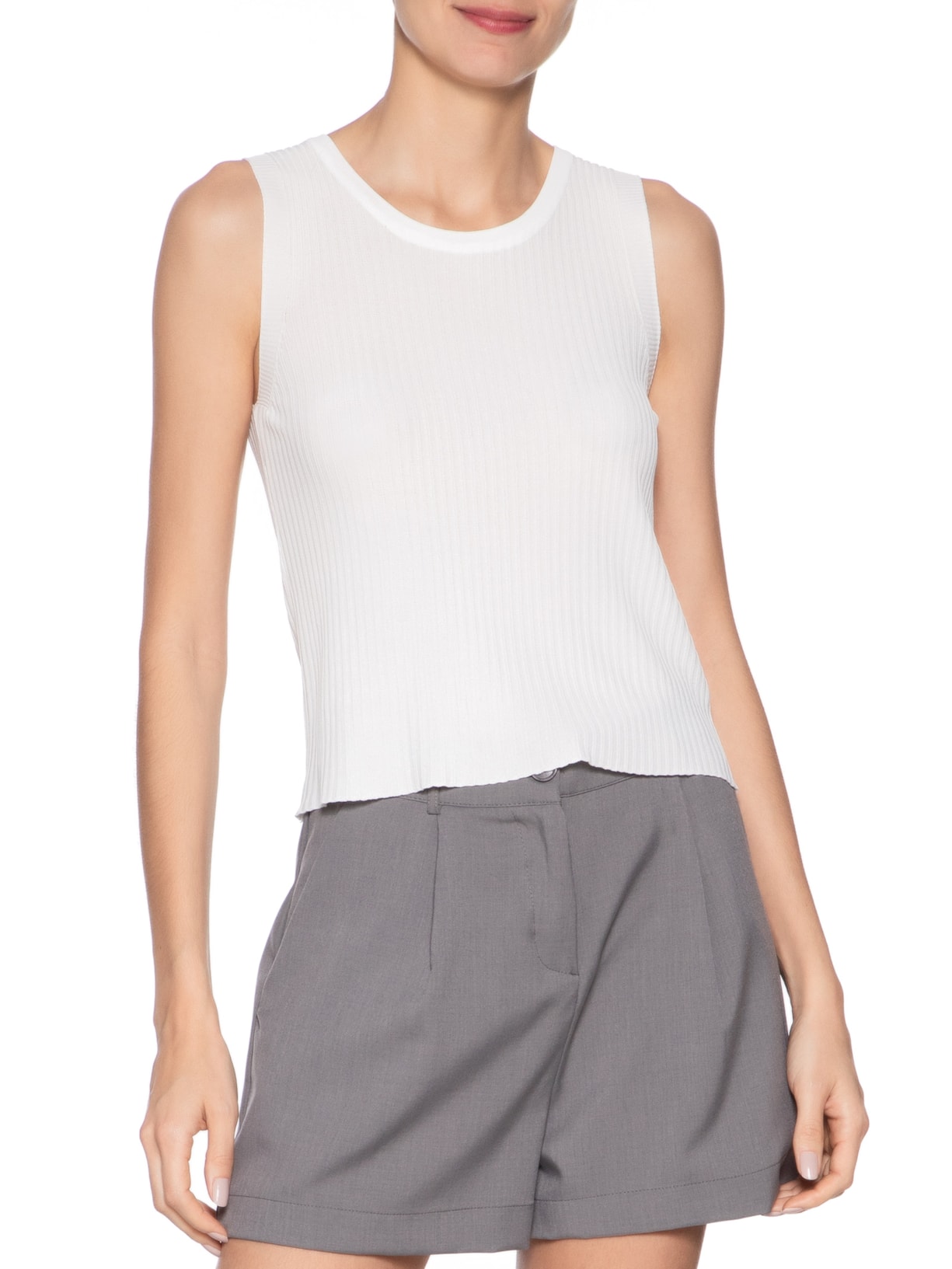 Regata Feminina Tricot Canelada Off White Basiq