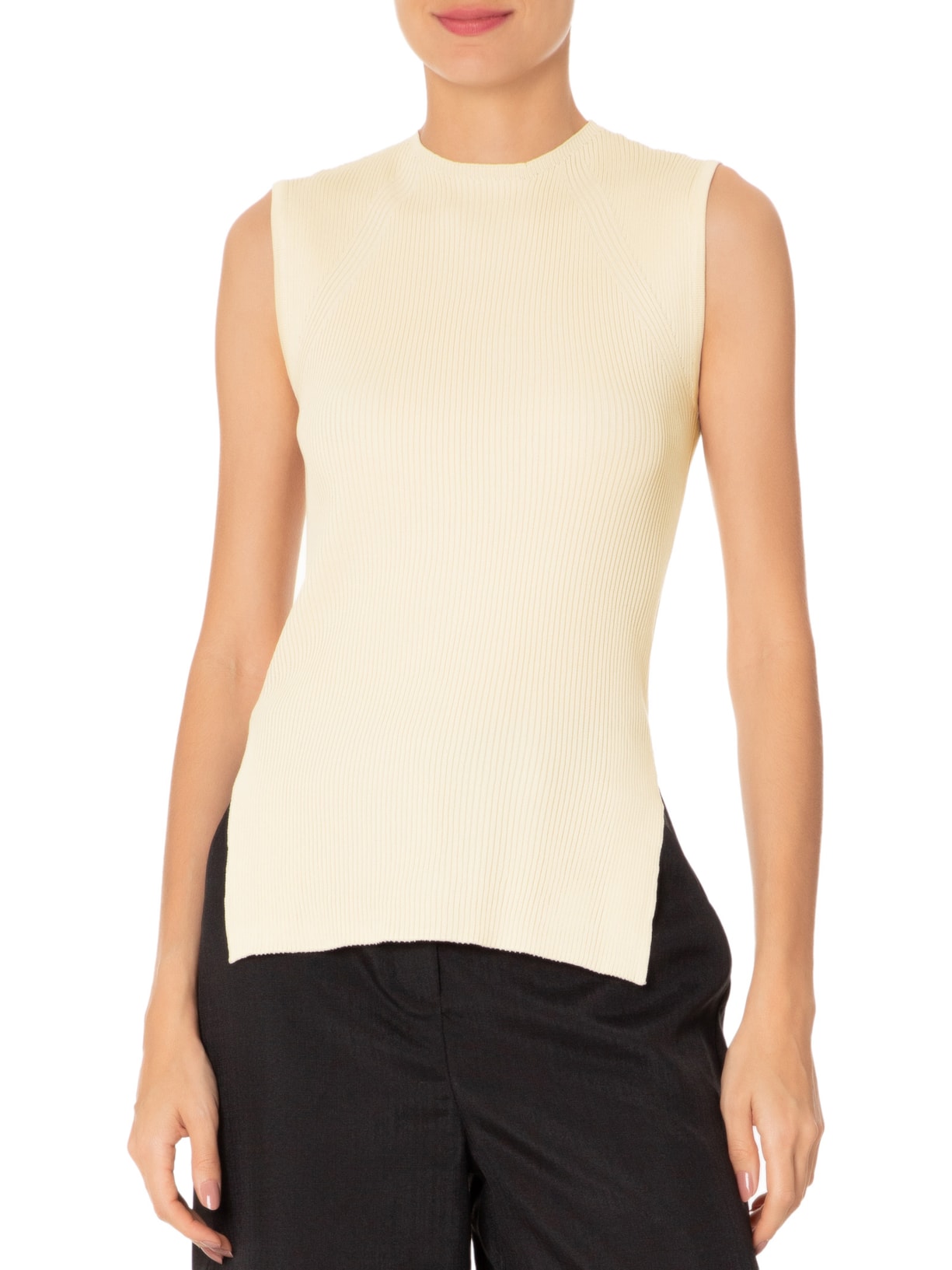 Regata Feminina Tricot Com Fenda Lateral Bege Basiq