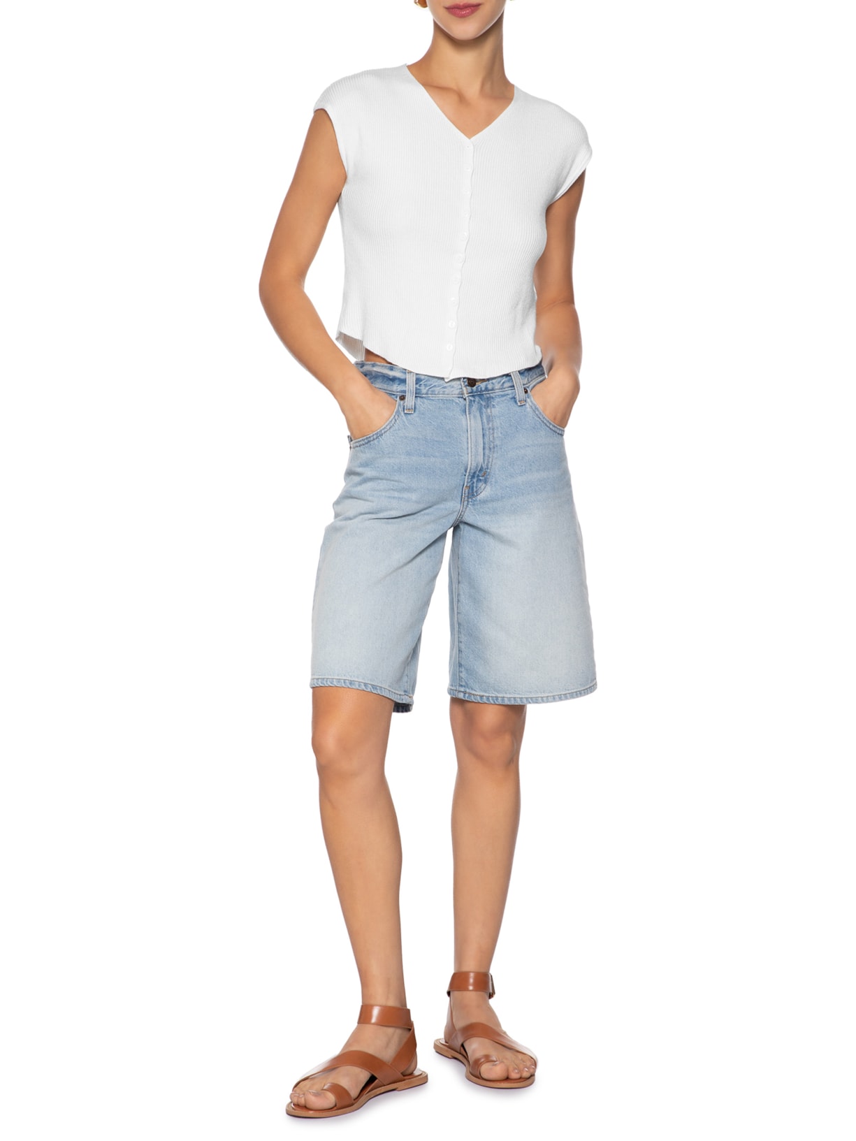 Regata Feminina Tricot De Botão Branco Basiq