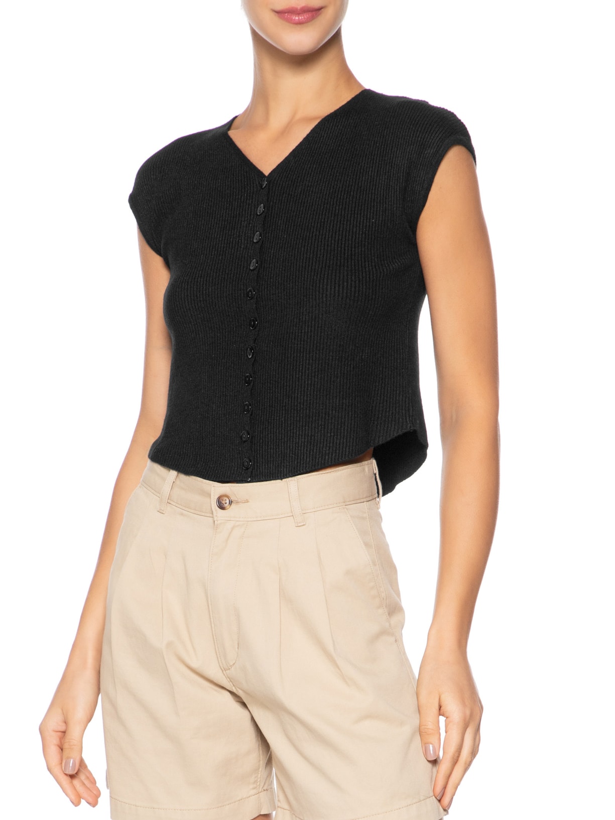 Regata Feminina Tricot De Botão Preto Basiq