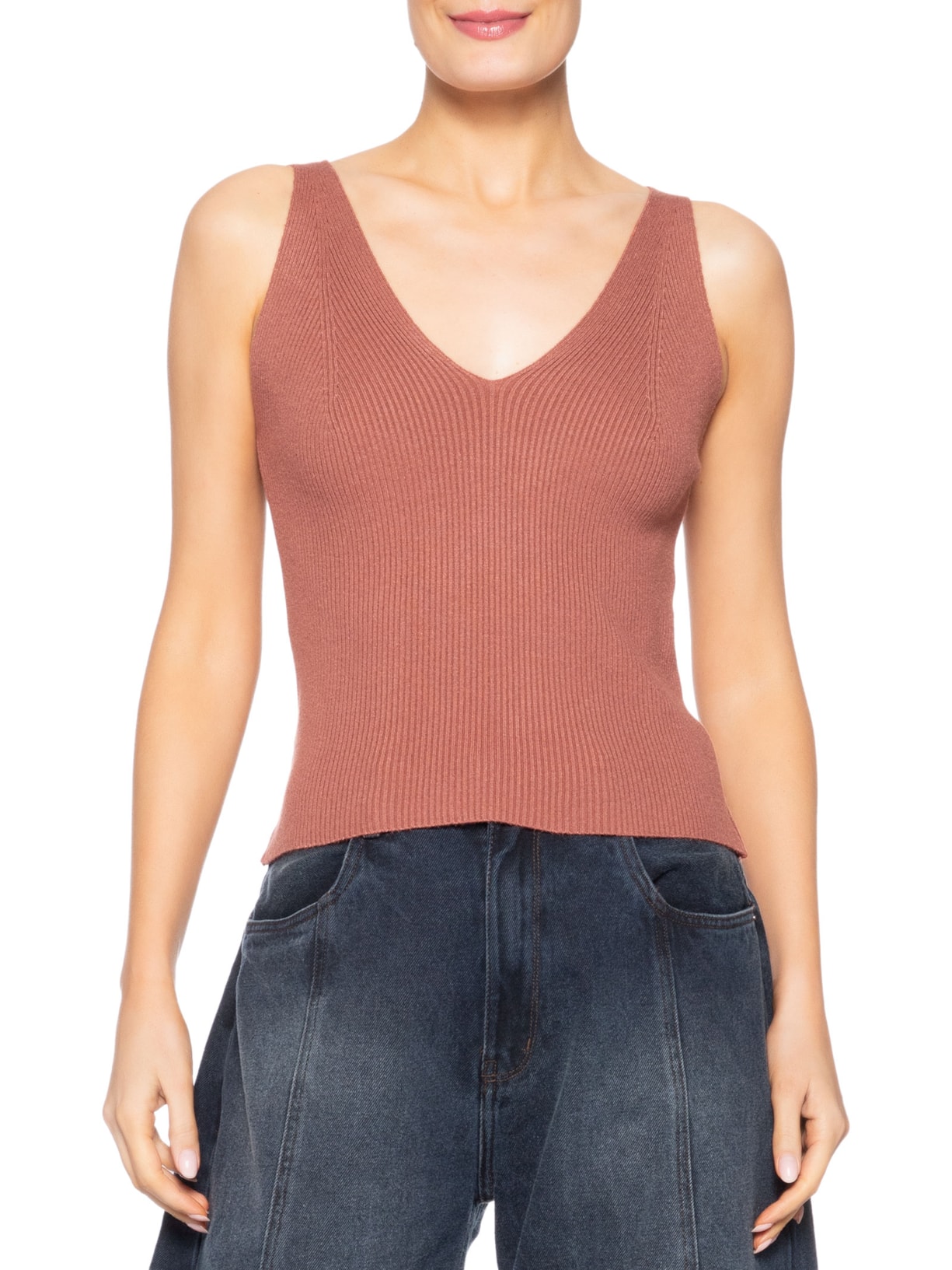 Regata Feminina Tricot Decote V Bege Basiq