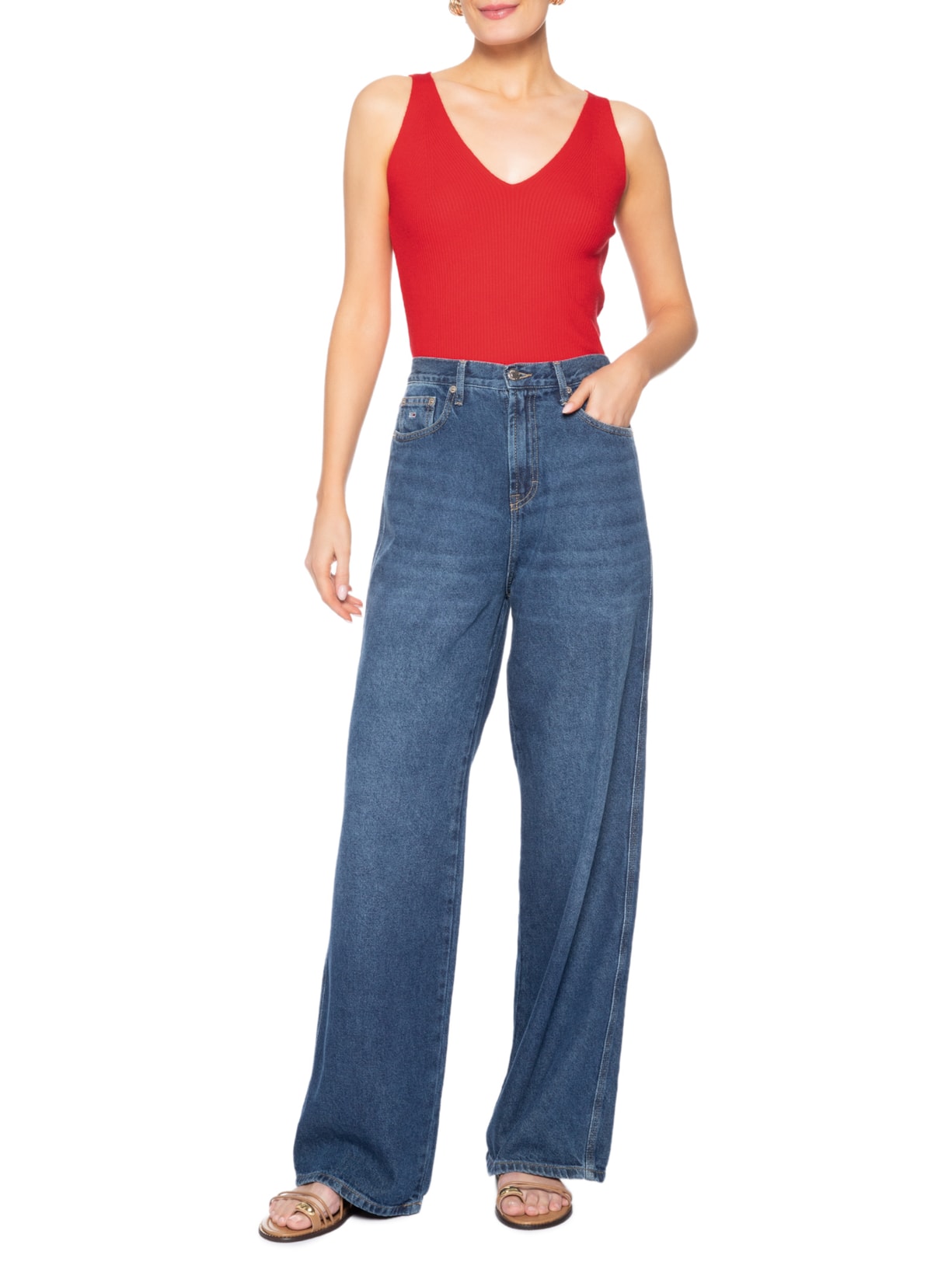 Regata Feminina Tricot Decote V Vermelho Basiq
