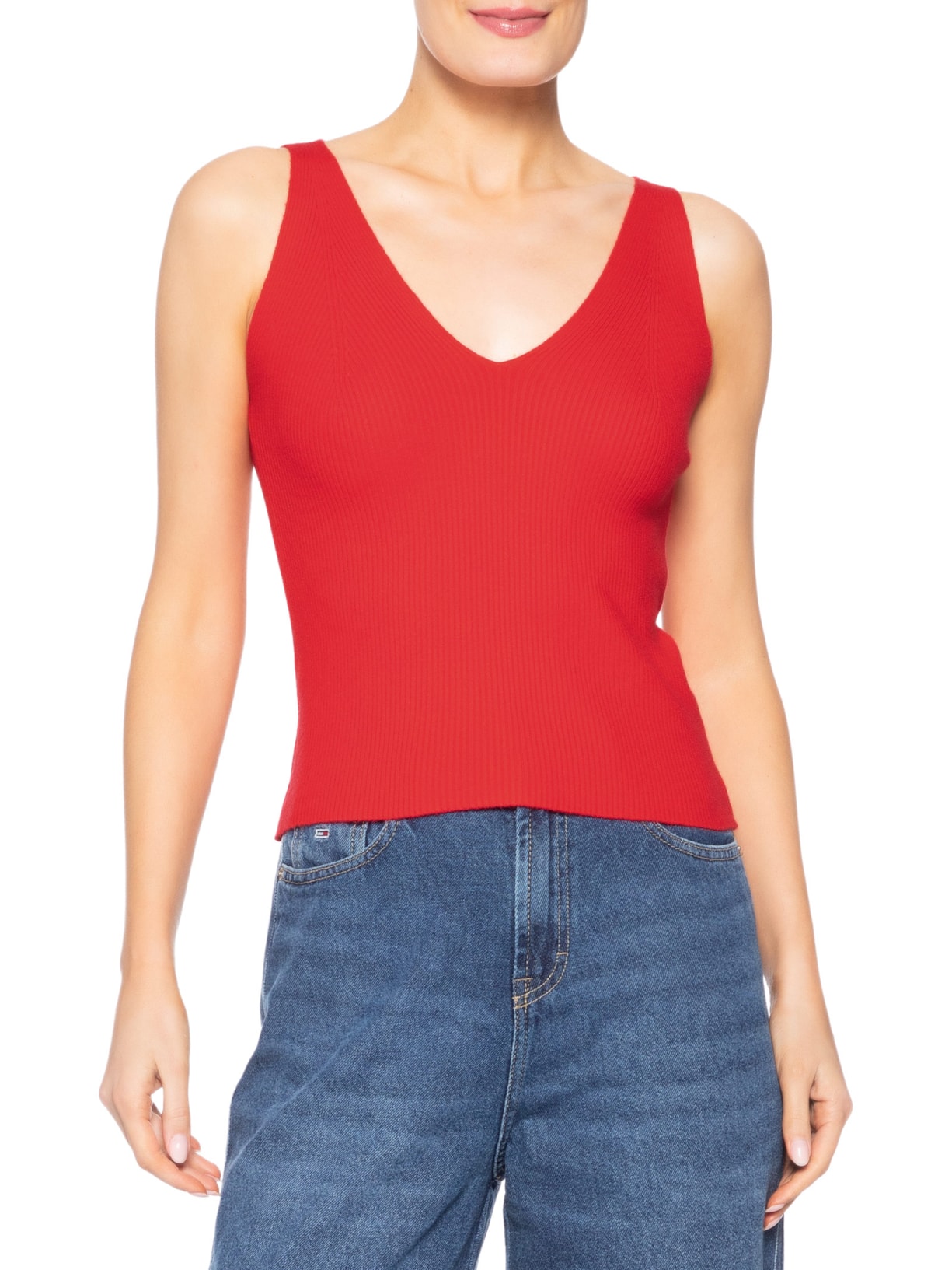 Regata Feminina Tricot Decote V Vermelho Basiq