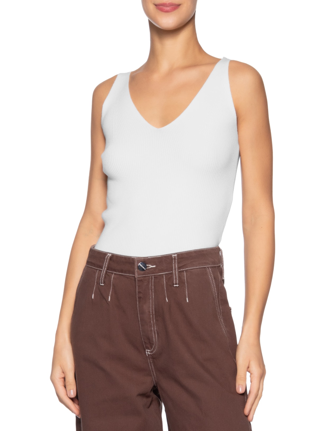 Regata Feminina Tricot Decote V – Branco Basiq