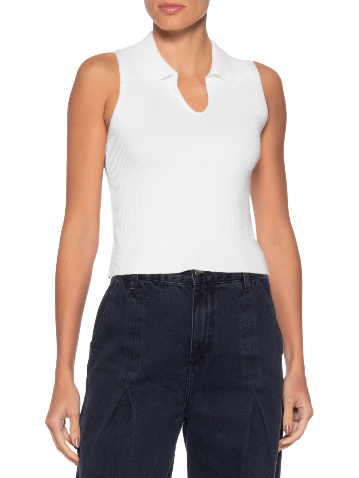 Regata Feminina Tricot Gola Polo Branco Basiq