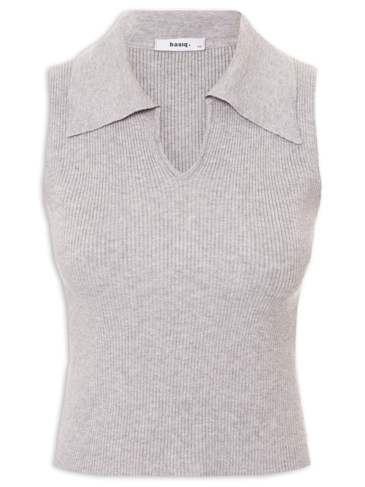 Regata Feminina Tricot Gola Polo Cinza Basiq