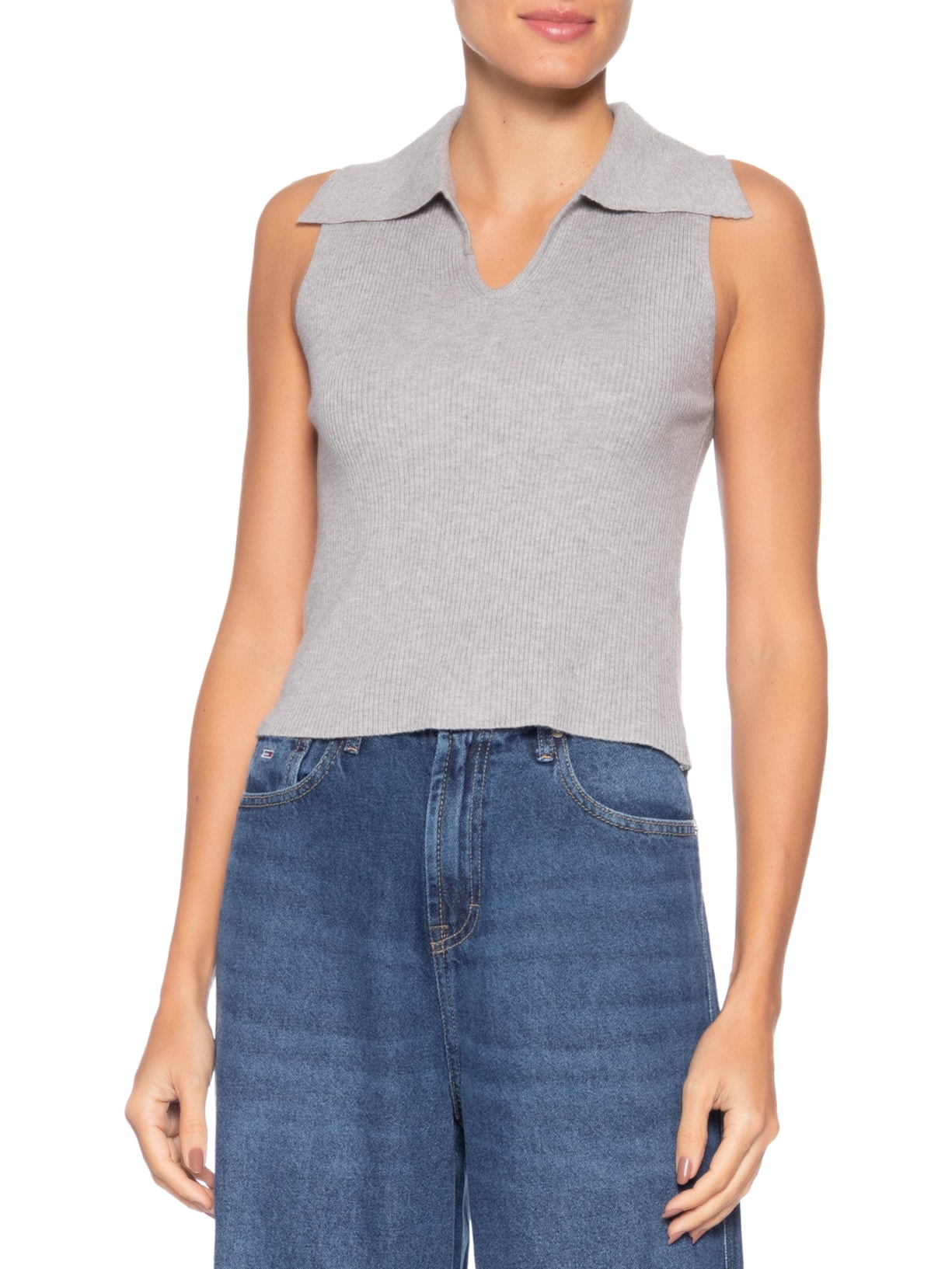 Regata Feminina Tricot Gola Polo Cinza Basiq