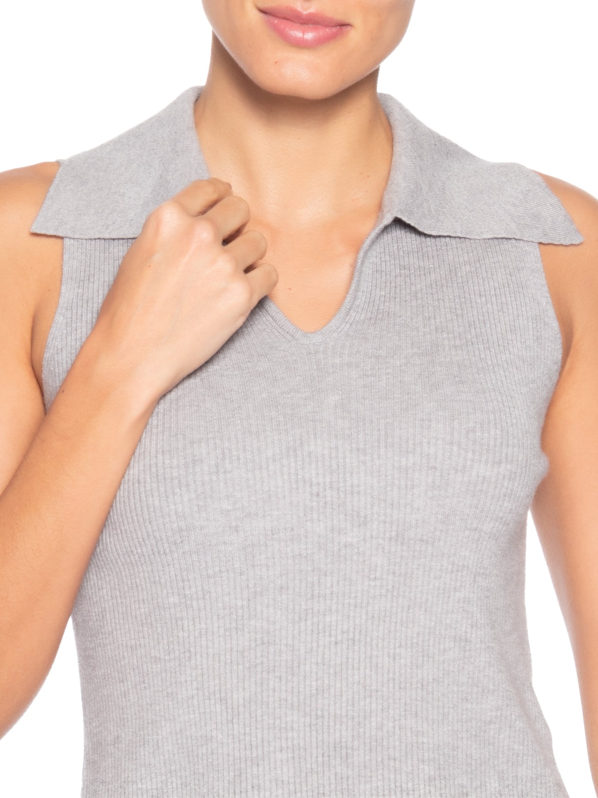 Regata Feminina Tricot Gola Polo Cinza Basiq