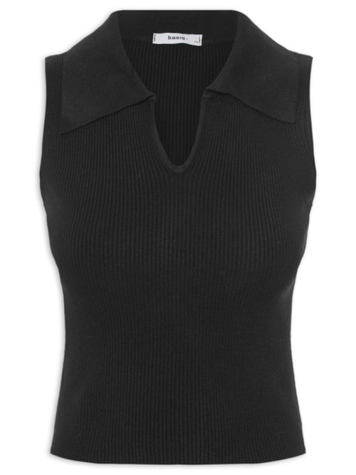 Regata Feminina Tricot Gola Polo - Preto