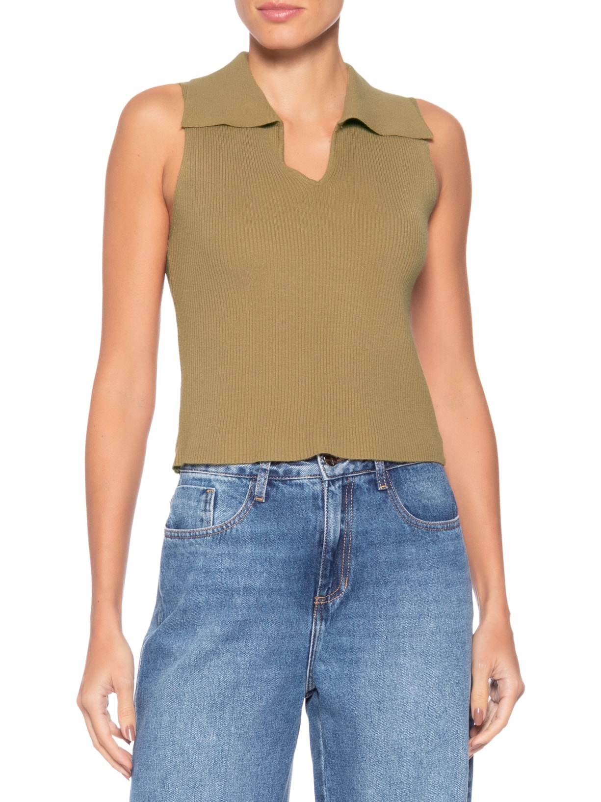 Regata Feminina Tricot Gola Polo Verde Basiq