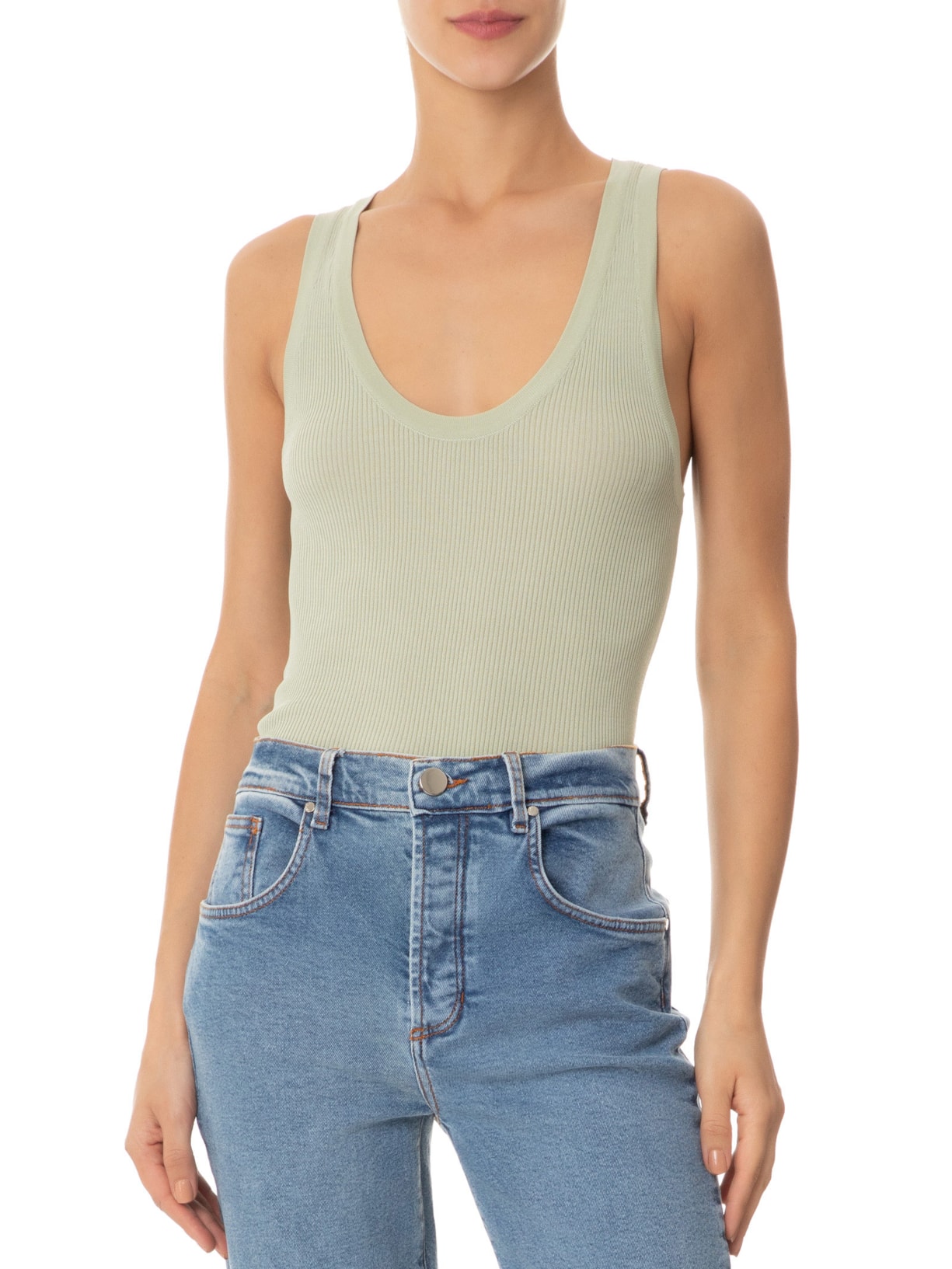 Regata Feminina Tricot Gola U Canelada Color Verde Animale