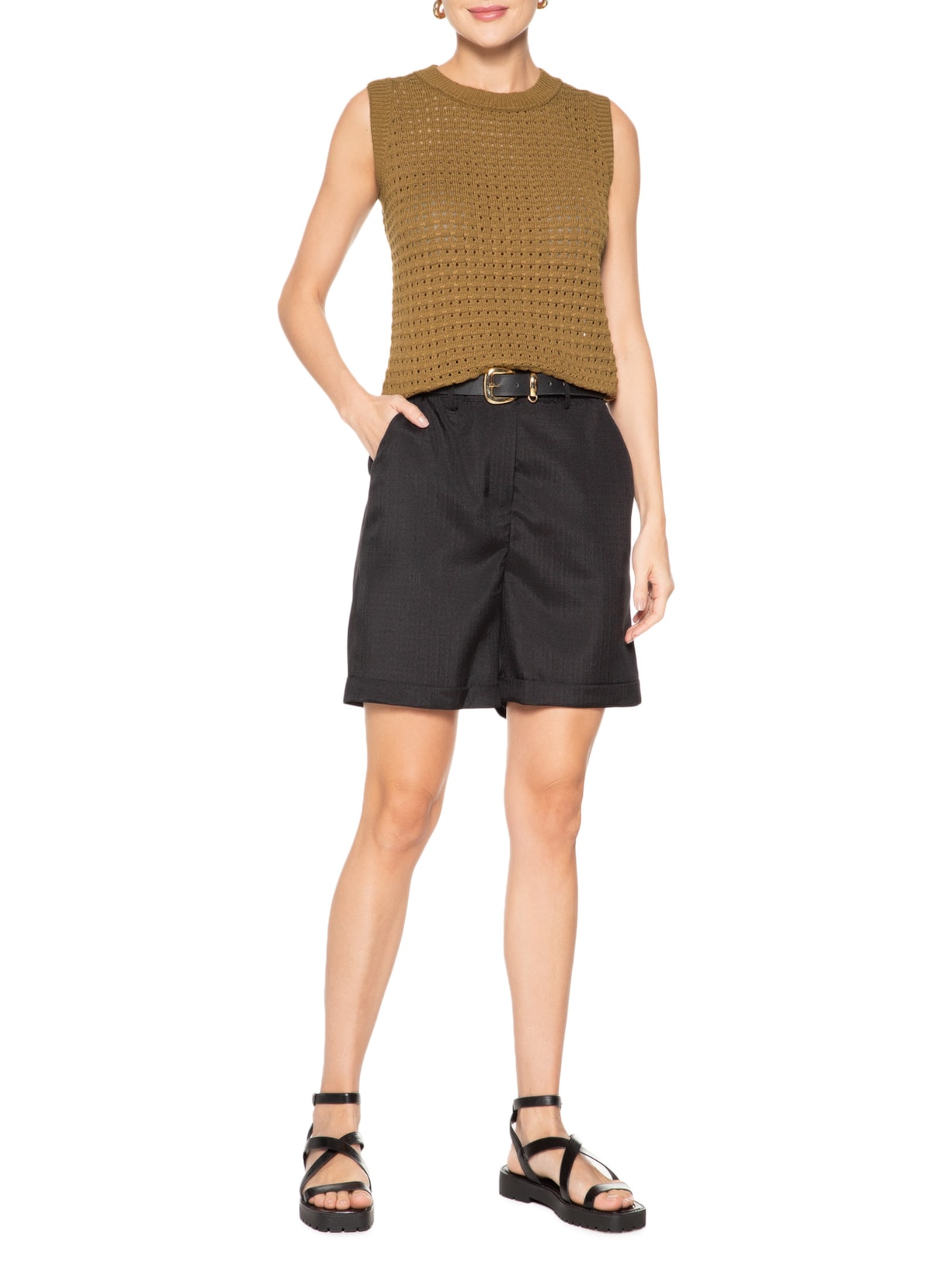Regata Feminina Tricot Texturizada Bege Basiq