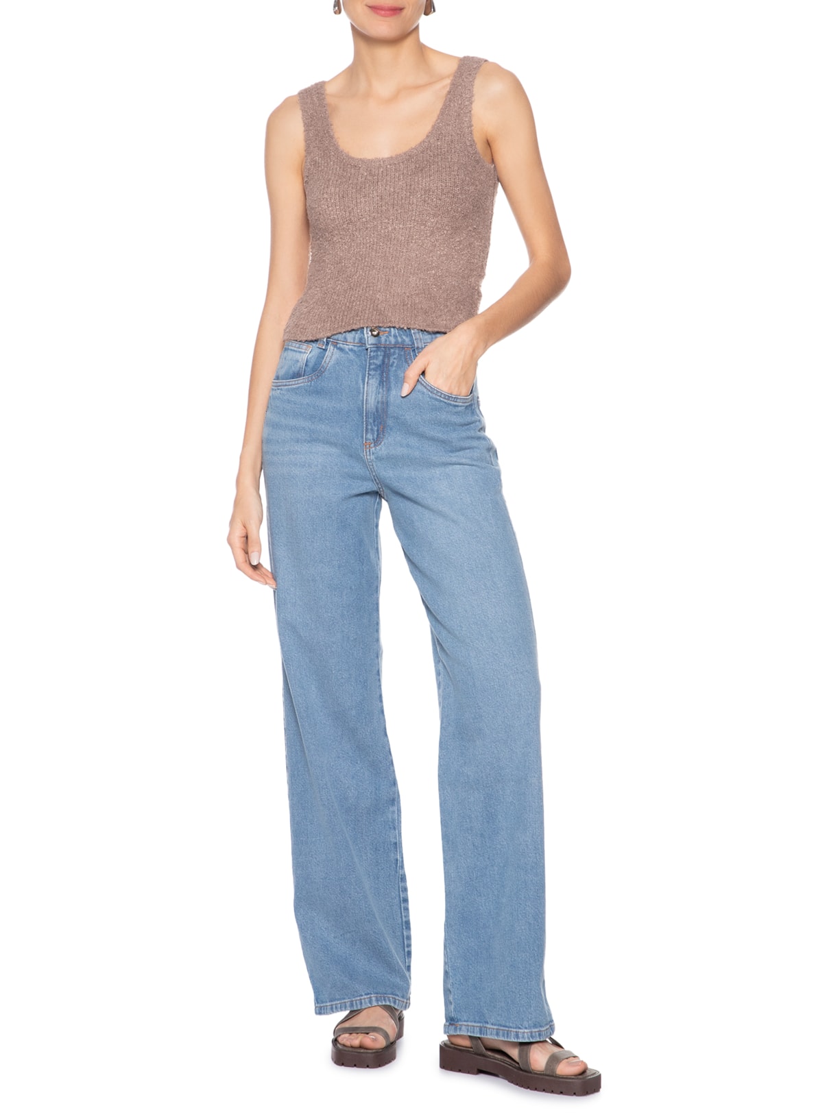 Regata Feminina Tricot Texturizada Marrom Basiq