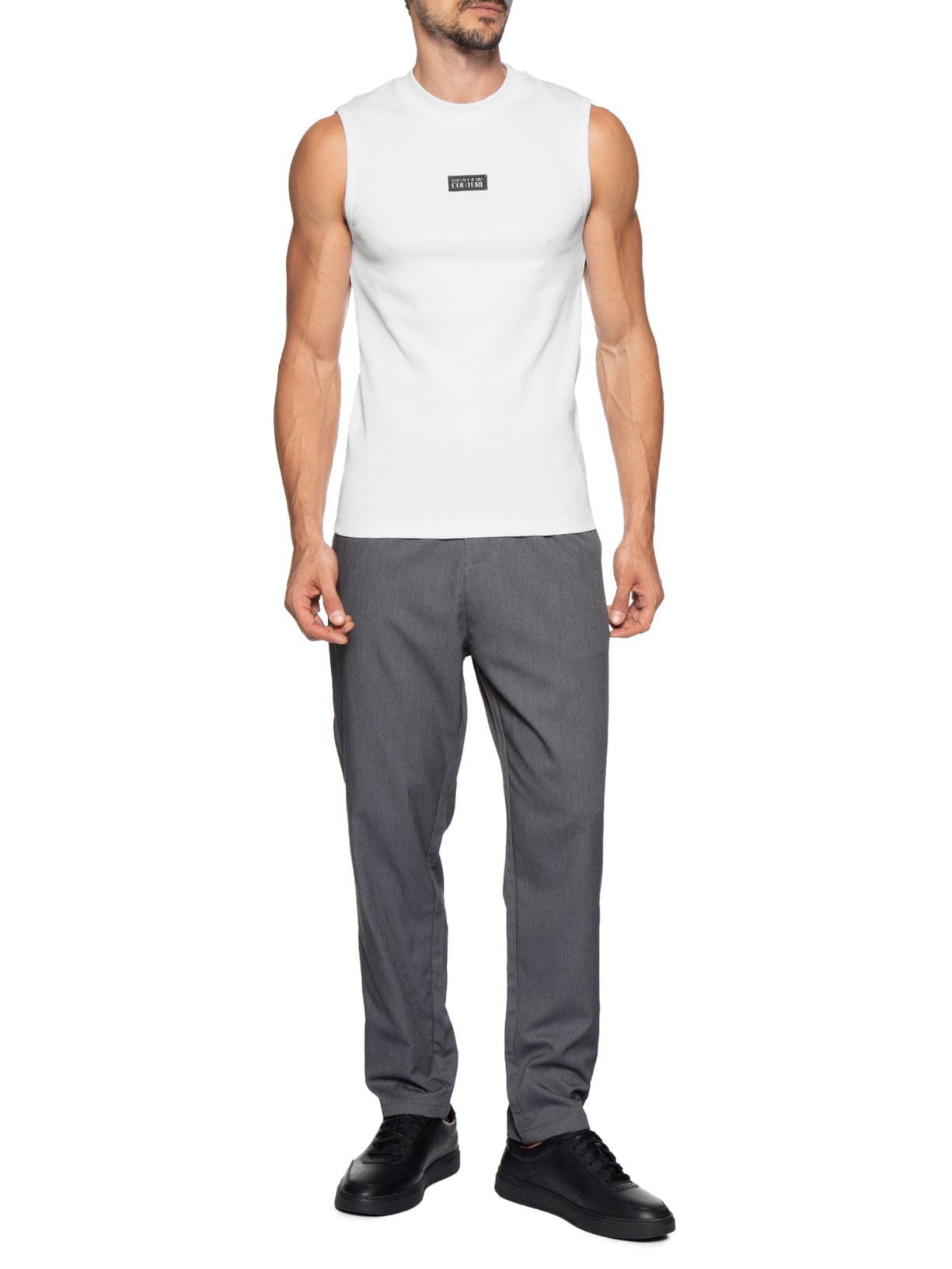 Regata Masculina Slim-Fit Ribbed Sleeveless Logo Branco Versace Jeans Couture