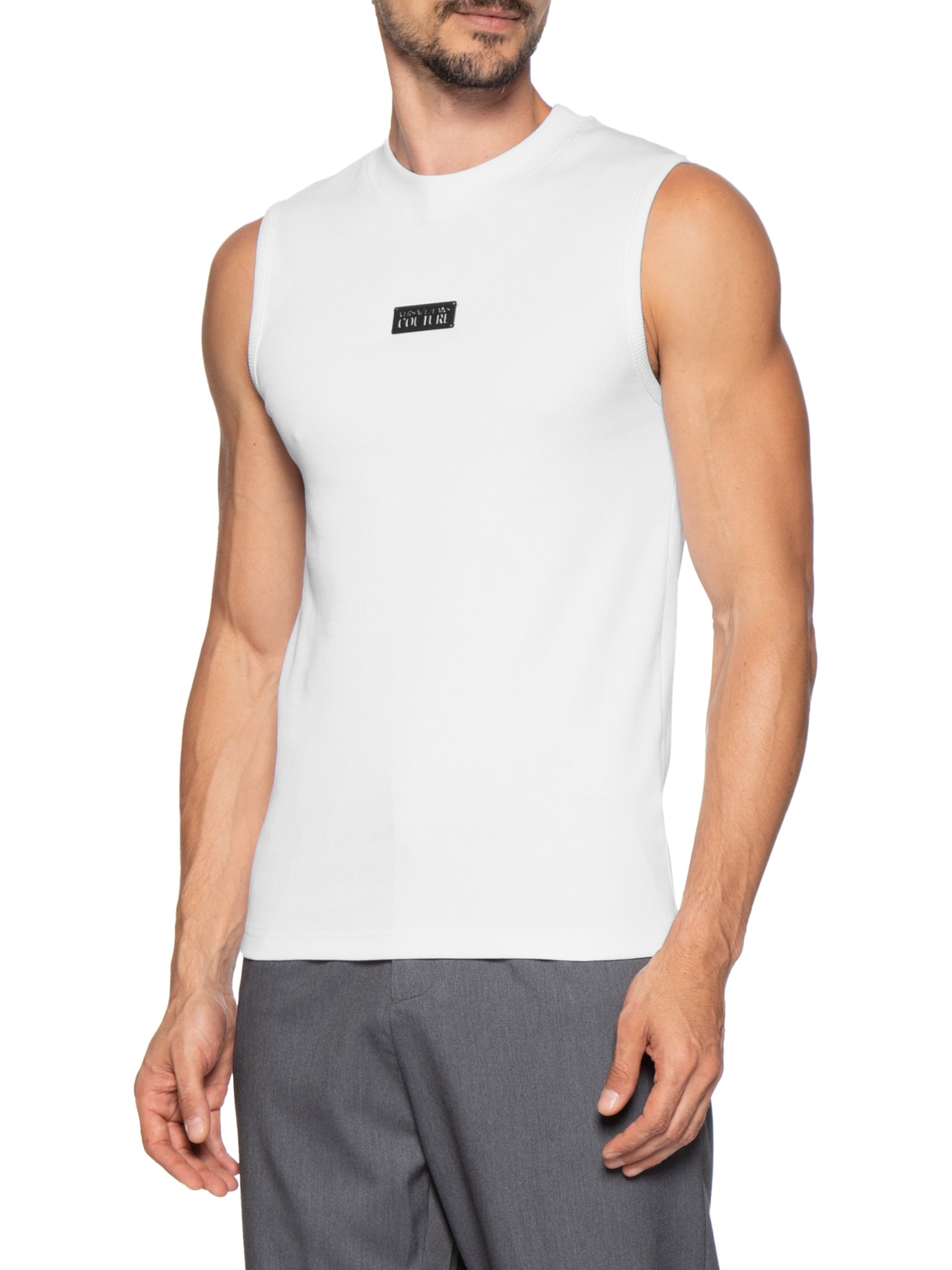 Regata Masculina Slim-Fit Ribbed Sleeveless Logo Branco Versace Jeans Couture
