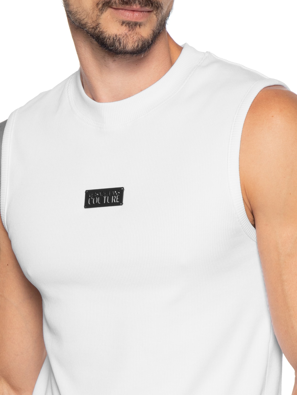 Regata Masculina Slim-Fit Ribbed Sleeveless Logo Branco Versace Jeans Couture