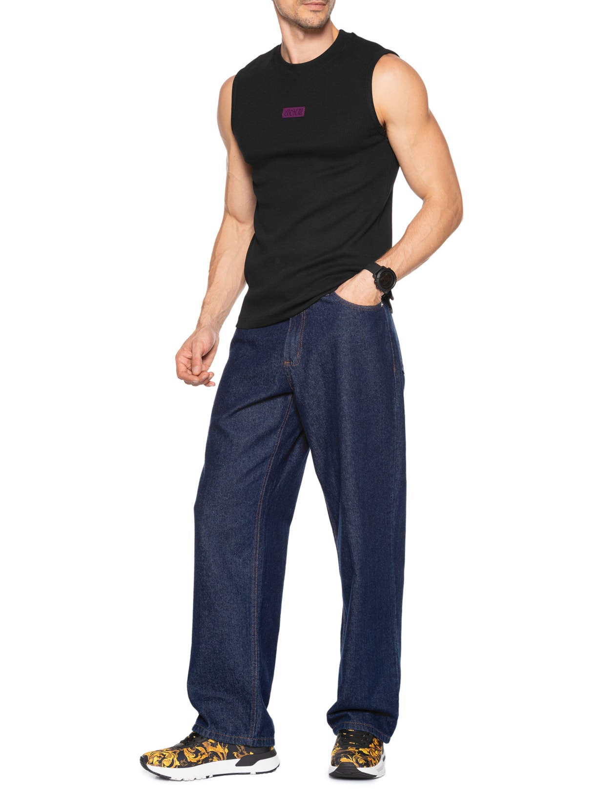 Regata Masculina Slim-Fit Ribbed Sleeveless Logo Preto Versace Jeans Couture
