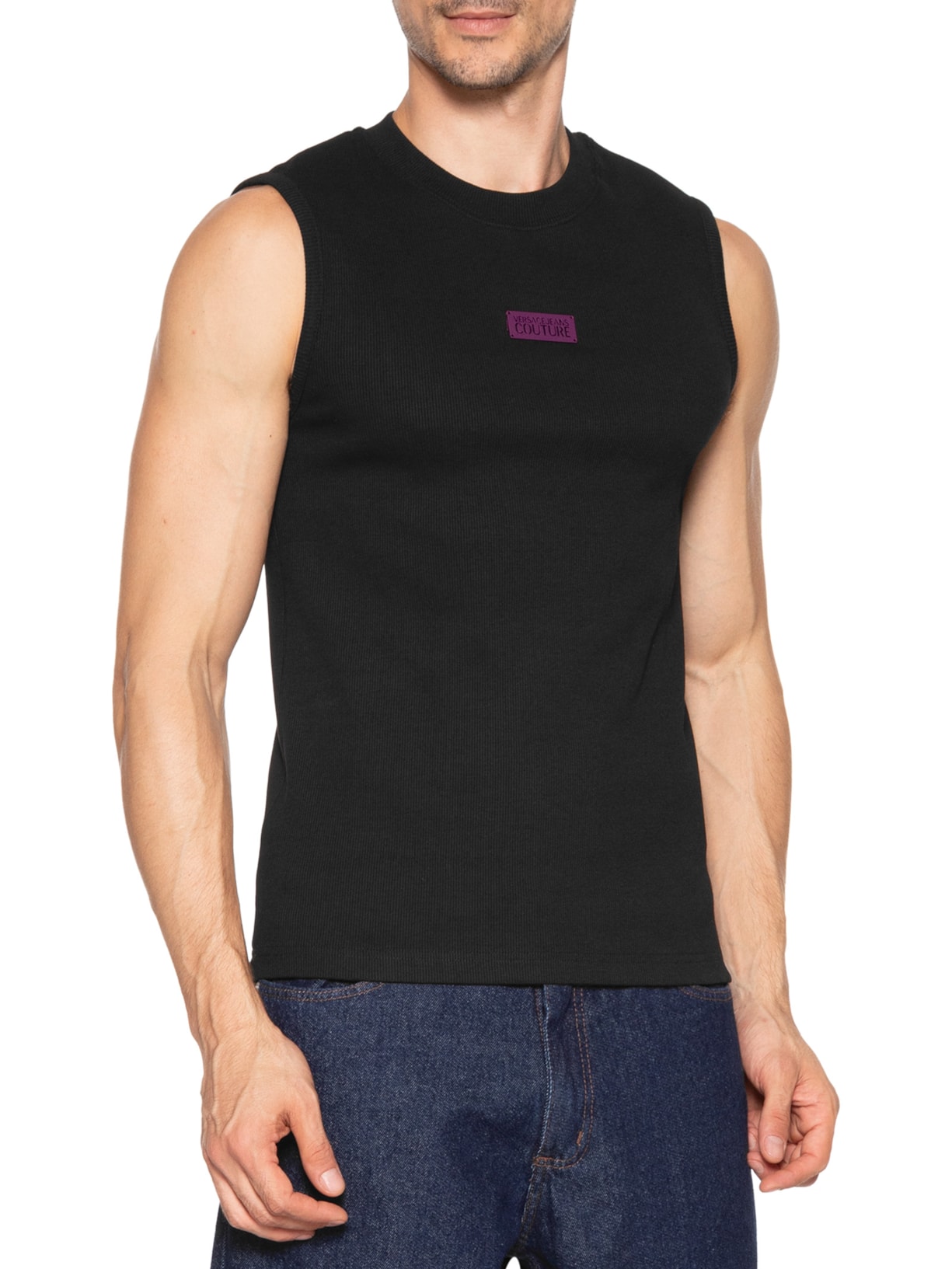 Regata Masculina Slim-Fit Ribbed Sleeveless Logo Preto Versace Jeans Couture