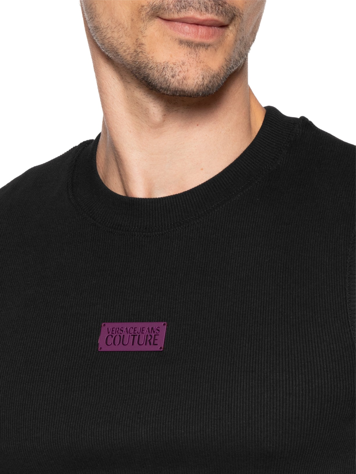 Regata Masculina Slim-Fit Ribbed Sleeveless Logo Preto Versace Jeans Couture