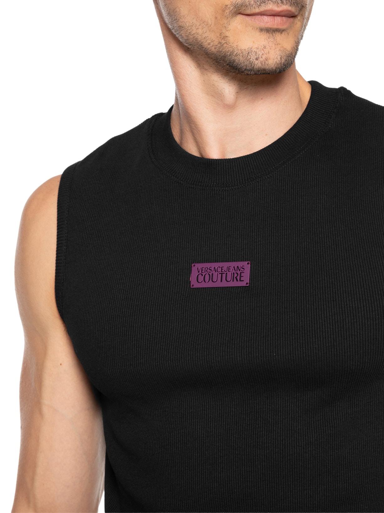 Regata Masculina Slim-Fit Ribbed Sleeveless Logo Preto Versace Jeans Couture