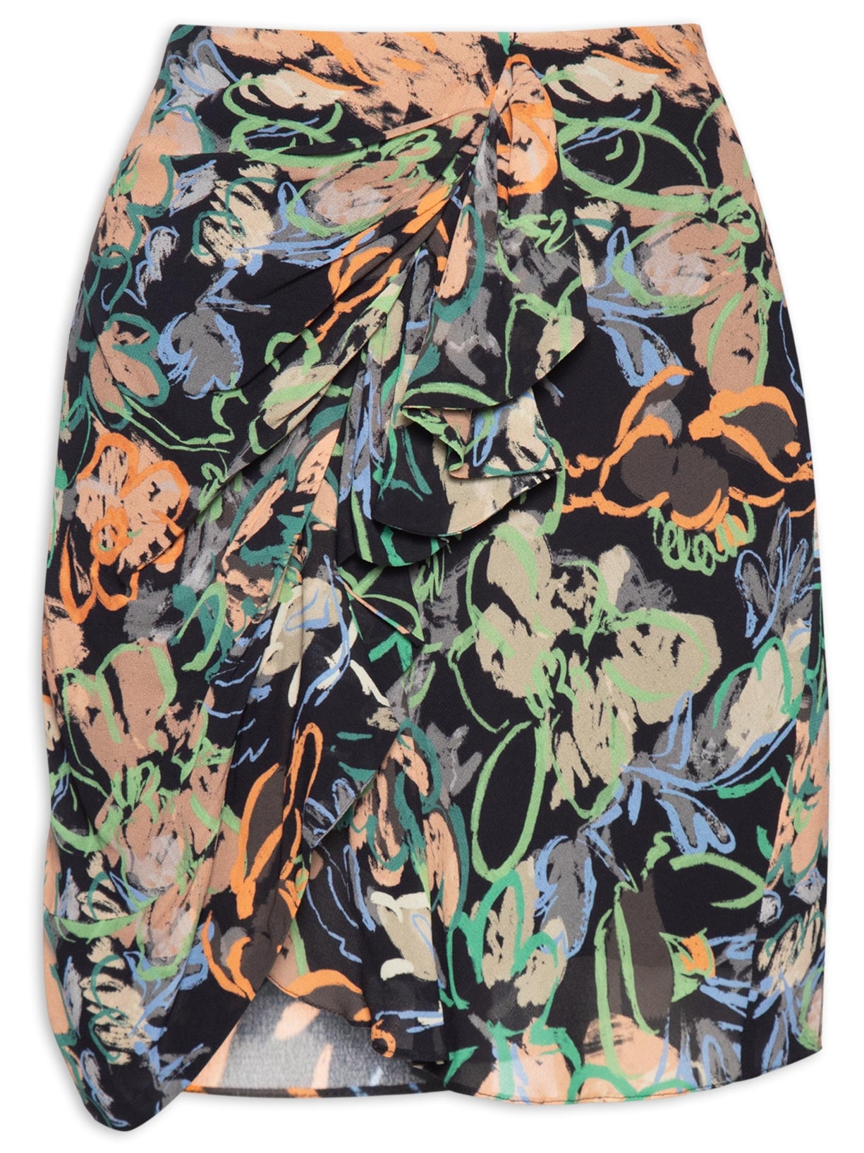 Saia Babados Floral Pastel - Preto