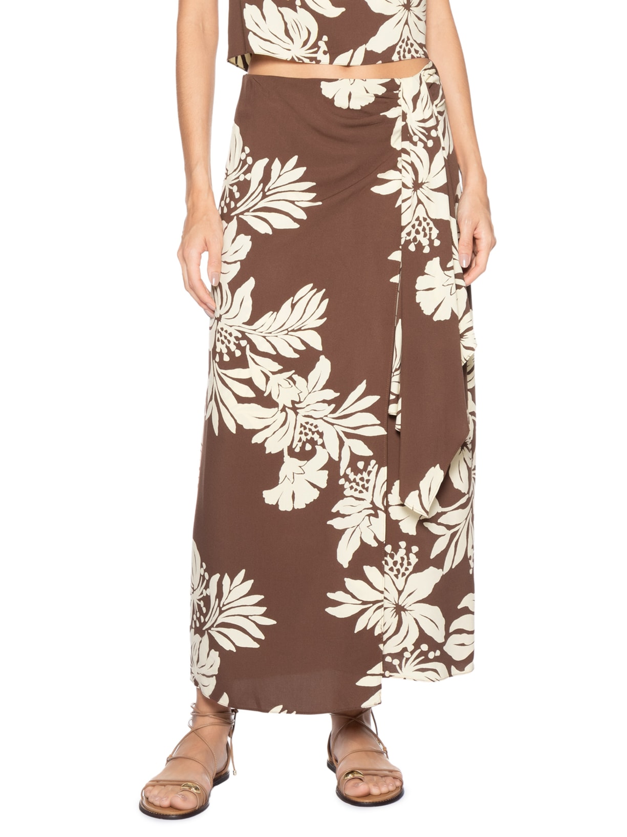 Saia Cropped Pareô Estampa Bela Flor Marrom Dress To